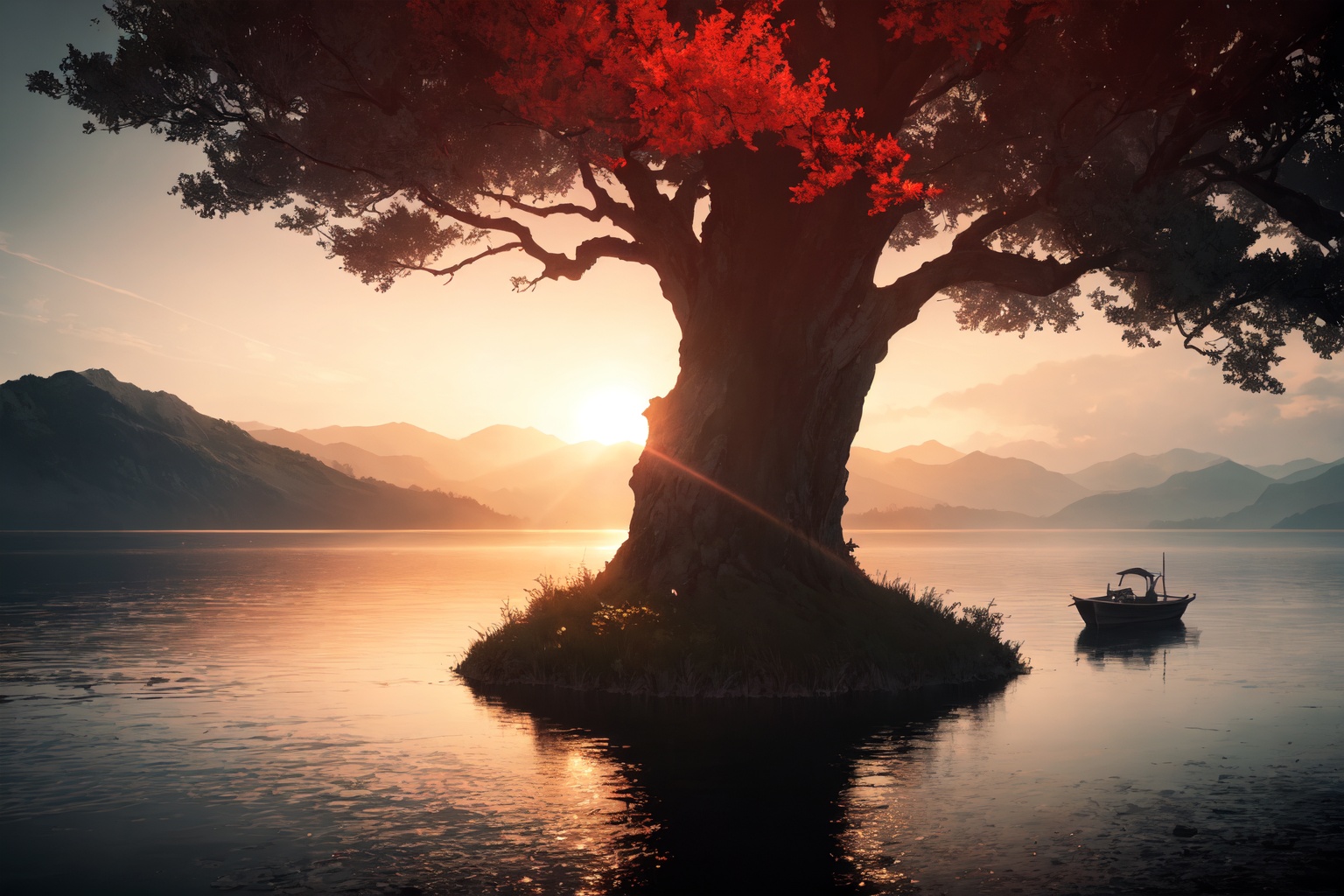 depict a cascaded landscape with low twilight red lights reflected on a beautiful lake surrounded by cascaded mountains. B...
