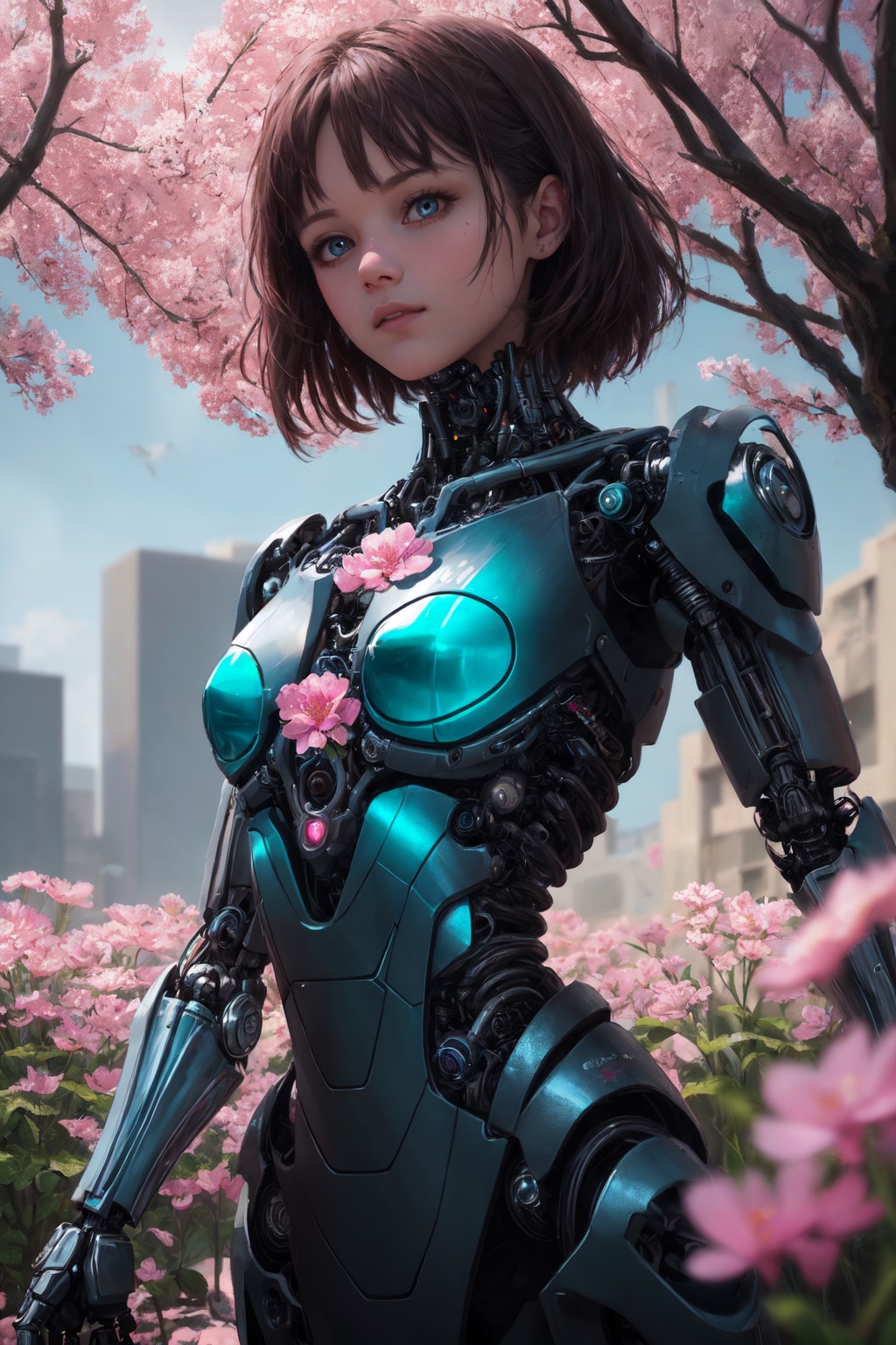 figure of biomechanical cyborg little girl made of glass was (picking a flower by hands),  transparent,  see-through intri...