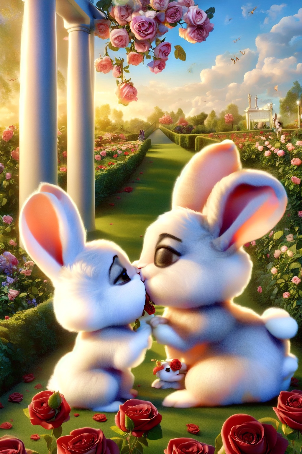 2 rabbits,  eat flowers,  in the beautiful rose garden on Tensor.Art