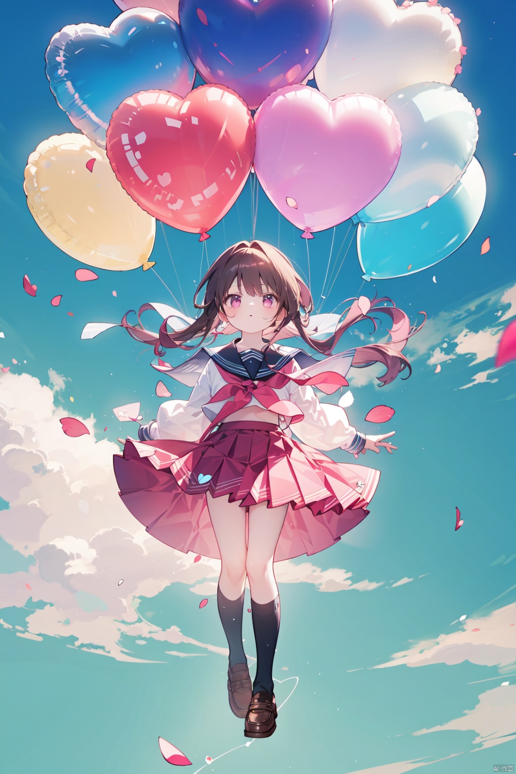  artist:tianliang duohe fangdongye,1girl, balloon, brown_footwear, brown_hair, cherry_blossoms, cloud, confetti, falling_petals, heart, heart_balloon, holding, kneehighs, long_hair, petals, petals_on_liquid, pink_eyes, pink_skirt, pleated_skirt, rose_petals, school_uniform, serafuku, shirt, shoes, skirt, sky, socks, solo, wand, white_shirt