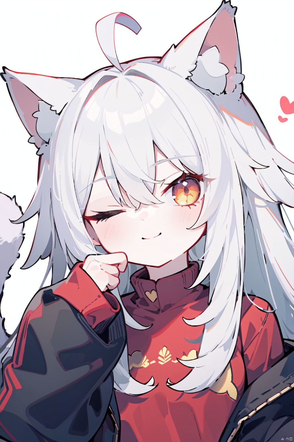  artist:tianliang duohe fangdongye,1girl, solo, long hair, looking at viewer, smile, bangs,yellow eyes, simple background, shirt, long sleeves, white background, animal ears, hair between eyes, very long hair, closed mouth, tail, upper body, ahoge, white hair, heart, one eye closed, puffy sleeves, cat ears, hand up, cat tail, animal ear fluff, sleeves past wrists,red shirt, cat girl, puffy long sleeves, ;\),red sweater,black jacket,sideways