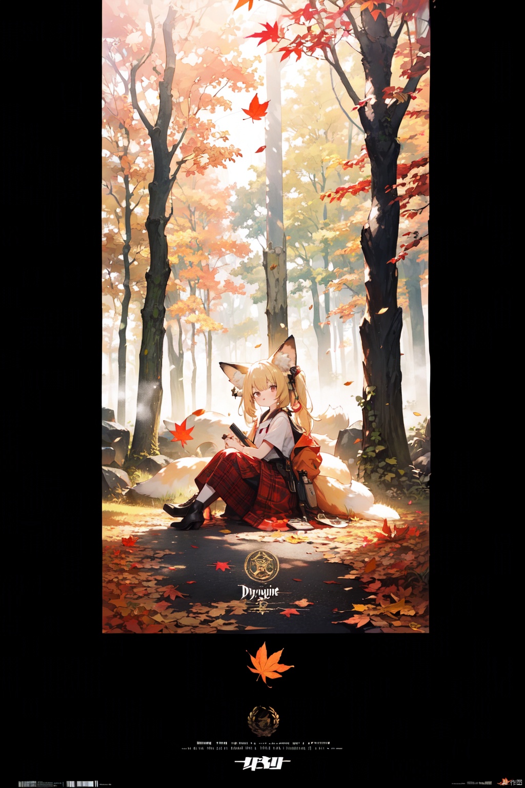 artist:tianliang duohe fangdongye,1girl, solo, looking at viewer, sitting, fox ears, full body, strappy heels,plaid shirt, short sleeves,jacket, bow, bangs, low ponytail, blonde hair fox tail, fox girl, kitsune, ((autumn, outdoors, day, forest, falling leaves, bird, leaf)), (fog, dyntall effect), (wide shot, panorama, full body, depth of field),(movie poster,english text),(Flagstone road,branches)