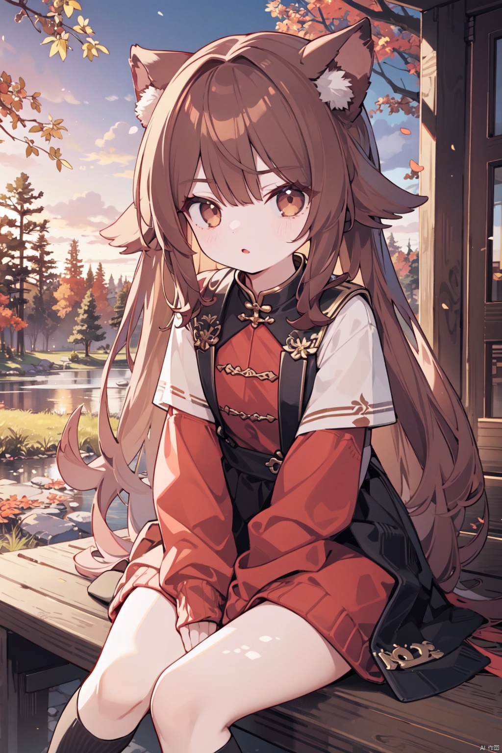  artist:tianliang duohe fangdongye,1girl, autumn, between_legs, black_legwear, brown_eyes, brown_hair, dress, forest, hand_between_legs, kneehighs, lips, long_hair, looking_at_viewer, nature, red_theme, sitting, solo, sunset, tree, v_arms