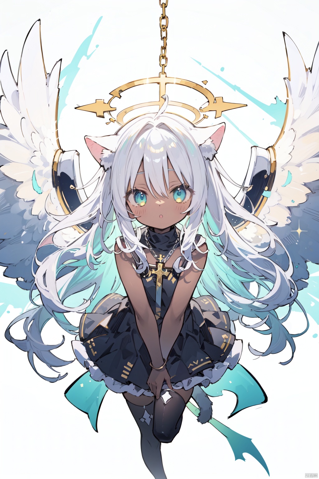 {masterpiece},white hair,yellow eyes,aqua eyes,looking up,stockings,dark skin,long hair,hime cut,messy hair,floating hair,demon wings,halo,cross necklace,holy,divinity,shine,holy light,cat girl,(loli),(petite),solo,