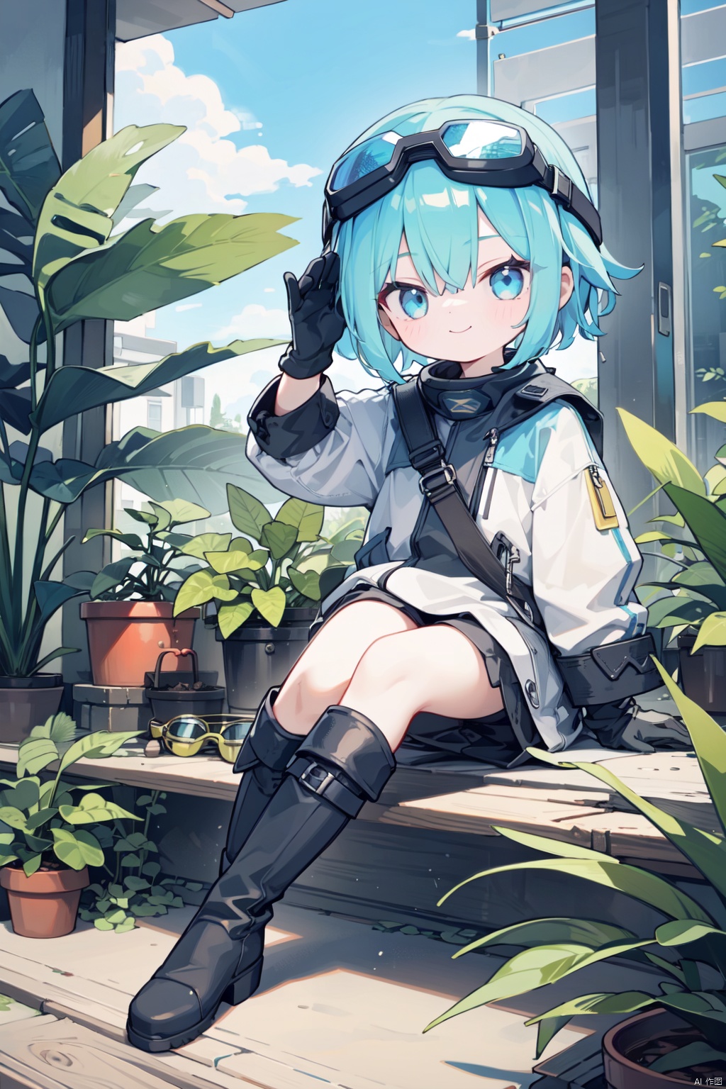 artist:tianliang duohe fangdongye,1girl, blue_eyes, blue_hair, boots, closed_mouth, eyewear_on_head, gloves, goggles, goggles_on_head, knee_boots, long_sleeves, looking_at_viewer, plant, short_hair, sitting, smile, solo, tree