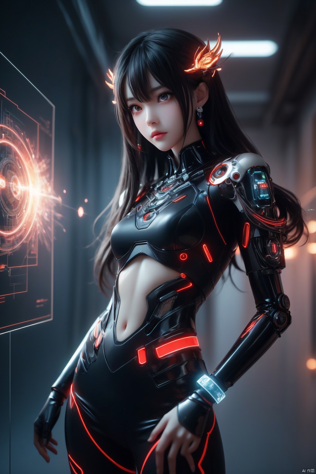 Best picture quality, realistic, photography, good work, Best picture quality, 8K, HDR, High quality, girl, 3D stereoscopic face, white skin, delicate features, indifferent expression, looking down camera, Chinese costume, Holographic projection, Holographic belt, Holographic halo, fluorescent, Long hair, hair accessories, earrings, bracelets, Cyberpunk, Mecha, Model pose, A photo full of tension, red sky and visual impact, Fairy, Taoist, Energy fluid, Glow, Light Particle effect, Floating energy scroll, best picture quality, Masterpiece, 8k, OC renderer rendering, futuristic, 3D rendering