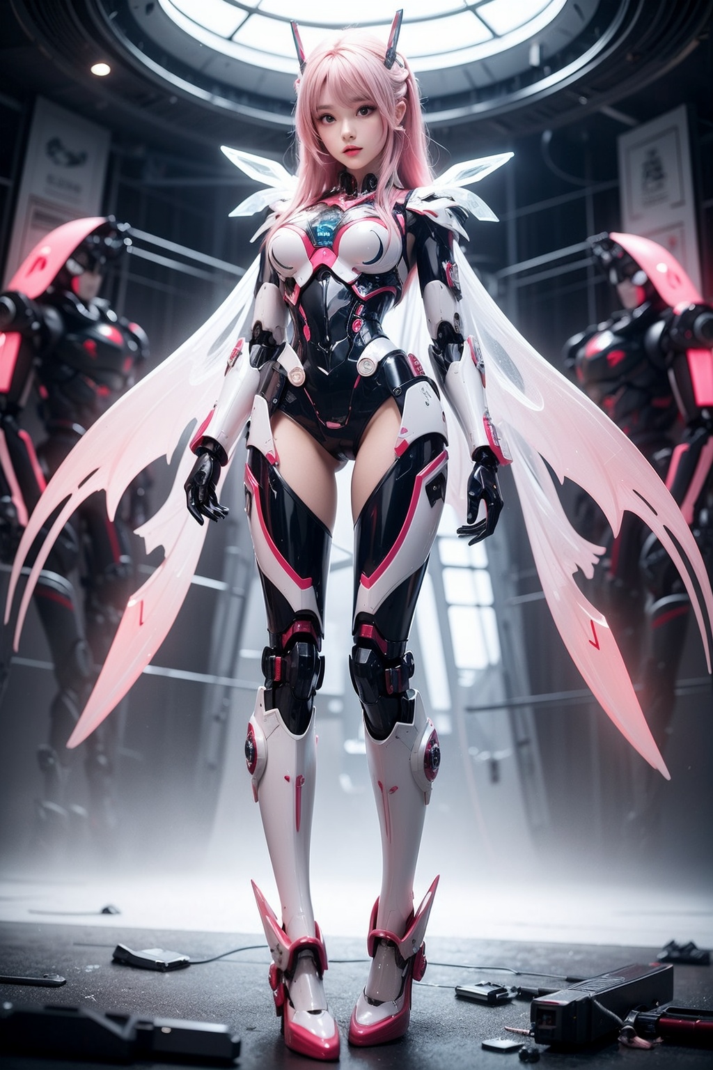 Best quality, masterpiece, 2D, mecha musume,science fiction,1 girl,mechanization,from bottom, very long light pink hair,mechanical arms,crystal version clear, superb plastics texture, (gloss of mecha:1.4),(pink and white), highest resolution, rouge, fairy skin, standing, slender legs, long legs