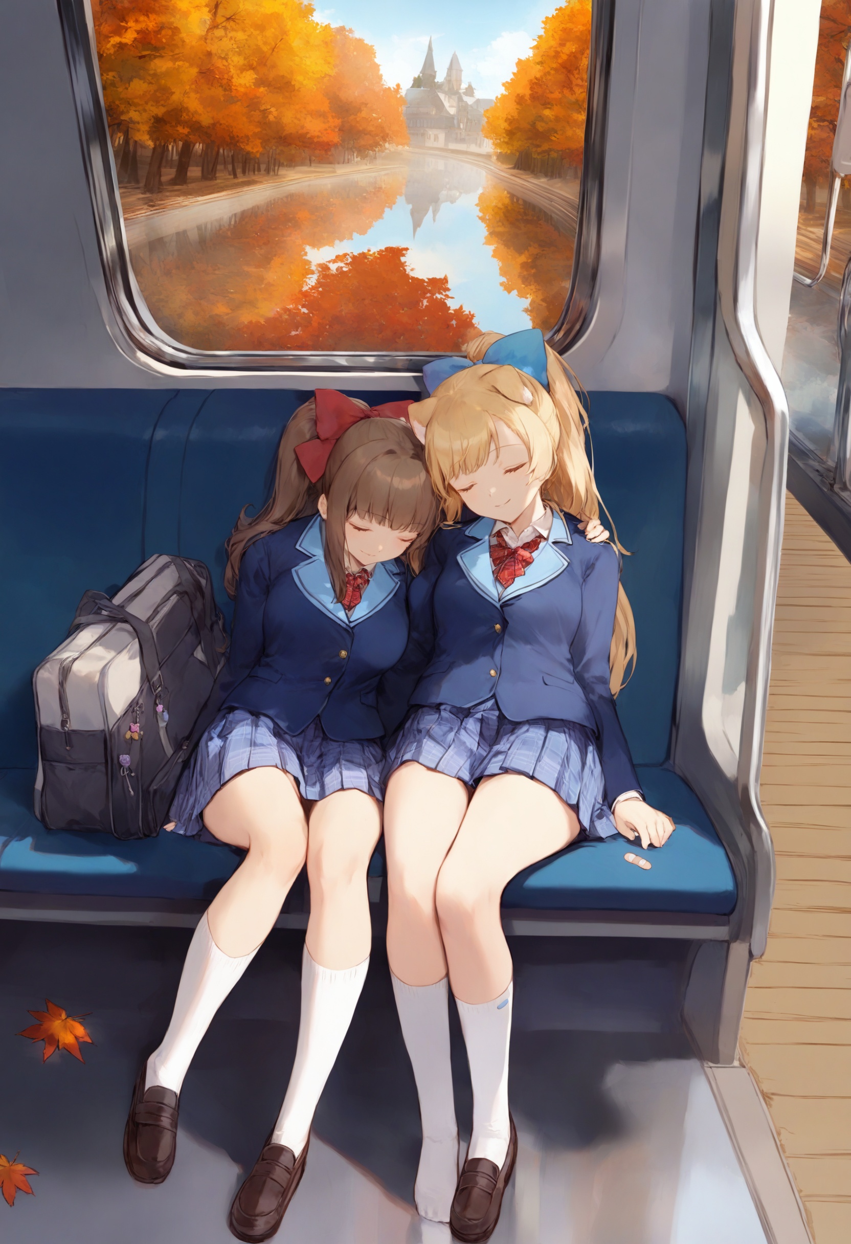 masterpiece, best quality <lora:sd_xl_dpo_lora_v1-128dim:1>bow, 2girls, train interior, multiple girls, closed eyes, jacket, plaid, skirt, sleeping, sitting, socks, brown hair, long hair, red bow, plaid skirt tie, bag, kneehighs, blue bow, school uniform, bangs, blonde hair, hair bow, blazer, blue skirt, blue jacket, collared shirt, shirt, head on another's shoulder, white socks, charm \(object\), animal ears, white shirt, parted lips, smile, long sleeves, bandaid, ponytail, closed mouth, feet out of frame, school bag, leaning on person, pleated skirt, sleeping upright, stuffed toy, yuri, bandaid on leg ,  reflection, outdoors, tree, solo, autumn leaves, scenery, reflective water, day, water, standing, bag, long sleeves, thighhighs, autumn, pantyhose, building, sky, leaf, shoes <lora:cutesexyrobuttsXLlokrJRU2-000096:1>