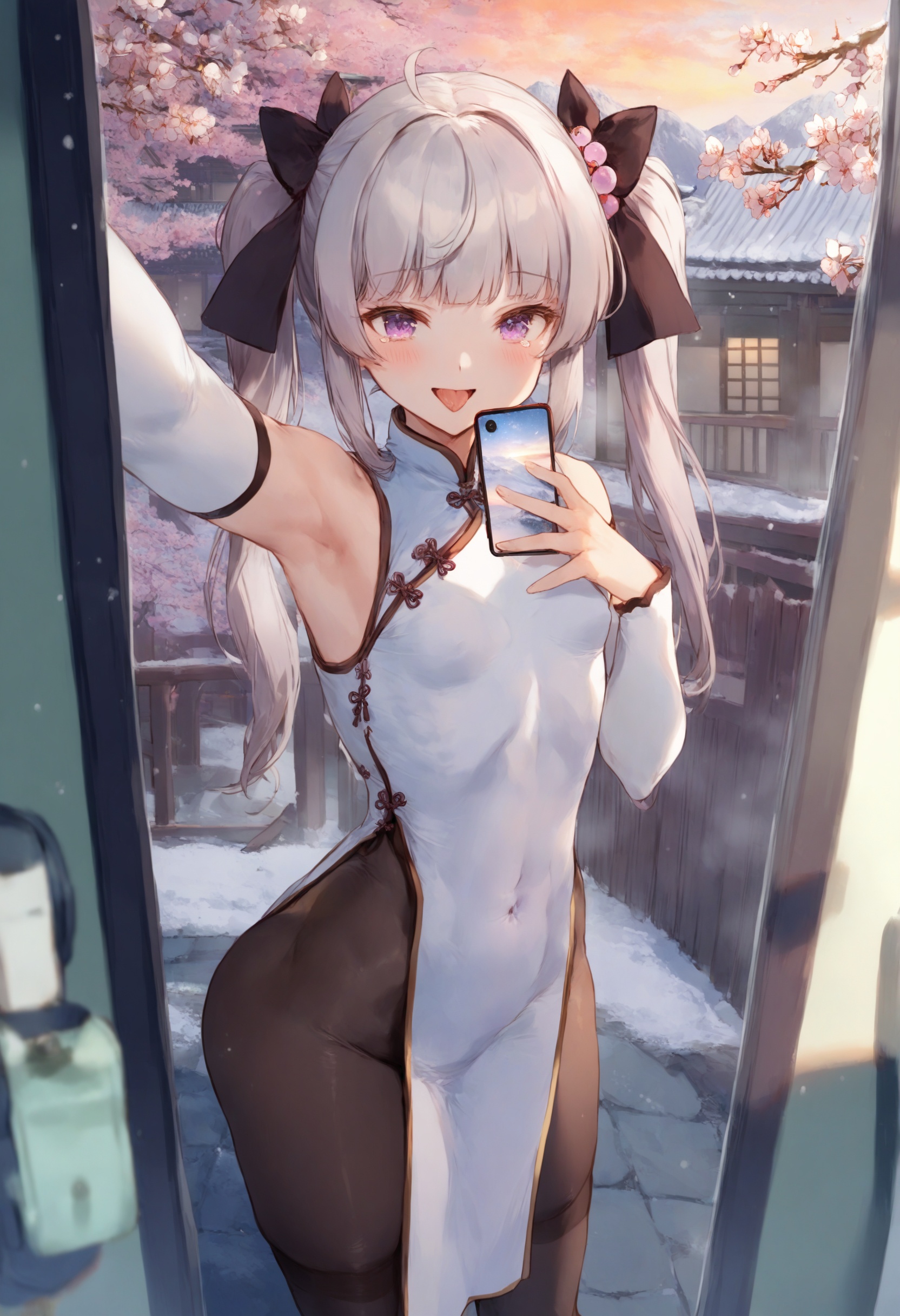 masterpiece, best quality <lora:sd_xl_dpo_lora_v1-128dim:1>1girl, selfie, no panties, chinese clothes, solo, dress, breasts , phone, china dress, armpits , twintails, small breasts, covered navel, cellphone, thighhighs, blush, tongue out, long hair, bangs, purple eyes, mirror, clothes lift, tongue, reflection, white thighhighs, lifted by self, *****, looking at viewer, cowboy shot, bare shoulders, white dress, smartphone, hair ornament, black ribbon, uncensored, taking picture, smile, dress lift, naughty face, closed mouth, female pov, skindentation, sleeveless, thighs, sleeveless dress, ribbon, groin, grey hair, white hair, hair ribbon, arm up, pelvic curtain ,  tree, outdoors, cherry blossoms, scenery, sign, road, sunlight, road sign, pants, school uniform, street, standing, bag, day, blue pants, black pants, fence, shoes, building, solo, sky, camera, outdoors, sweater, cloud, holding, holding camera, scenery, mountain, upper body, sunset, bangs, looking away, long sleeves, sunrise, twilight, star (sky), solo, open mouth, smile, looking at viewer, upper body, blurry, hand on own chest, bangs, night, :d, sky, tears, snow, outdoors, shoes, pantyhose, snowing, winter, night, standing, building, artist name, school uniform, loafers, coat, thighhighs, long sleeves, walking, from side, scenery, kneehighs, plaid, bangs, ahoge, window <lora:cutesexyrobuttsXLlokrJRU2-000096:1>