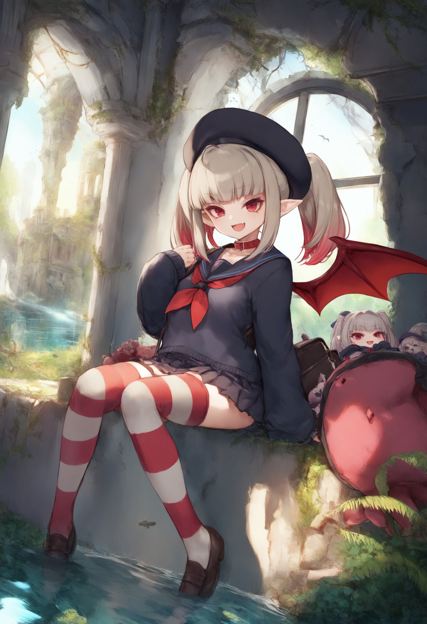 masterpiece, best quality <lora:sd_xl_dpo_lora_v1-128dim:1>makaino ririmu, 1girl, virtual youtuber, solo, red eyes, wings, pointy ears, striped, grey hair, school uniform, thighhighs, bag, demon wings, stuffed toy, sleeves past fingers, jacket, twintails, hat, looking at viewer, red neckerchief, stuffed animal, sleeves past wrists, fang, smile, ahoge, dress, skirt, open mouth, handbag, serafuku, neckerchief, sitting, striped thighhighs, red wings, collar, animal hands ,  fish, scenery, overgrown, ruins, water, sunlight, window, plant, light rays, reflection, indoors, animal, artist name, tree, broken window, building <lora:cutesexyrobuttsXLlokrJRU2-000096:1>