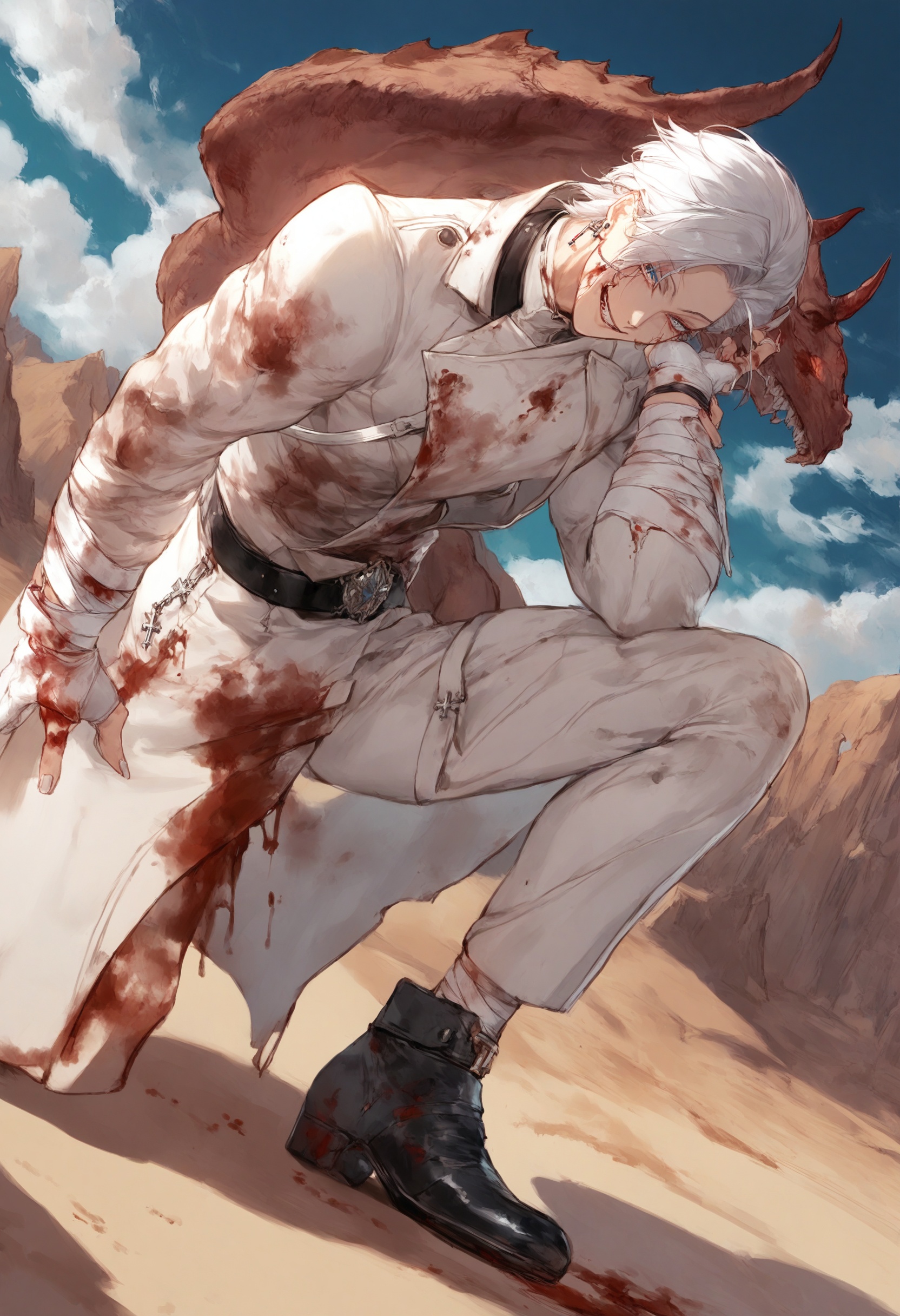 masterpiece, best quality <lora:sd_xl_dpo_lora_v1-128dim:1>1boy, blood , male focus, dripping, cross, white coat, white hair, monster, smile , white gloves , coat, black footwear, teeth, solo, standing, belt, jewelry, simple background, blue eyes, glowing, black background, bandages, earrings, blood on face, gloves, bandage over one eye, glint, parted lips, veins, scar, tongue, blood on clothes, blood on hands, fingernails, red eyes ,  sky, cloud, desert, day, outdoors, scenery, blue sky, damaged, sand, dutch angle, signature <lora:cutesexyrobuttsXLlokrJRU2-000096:1>