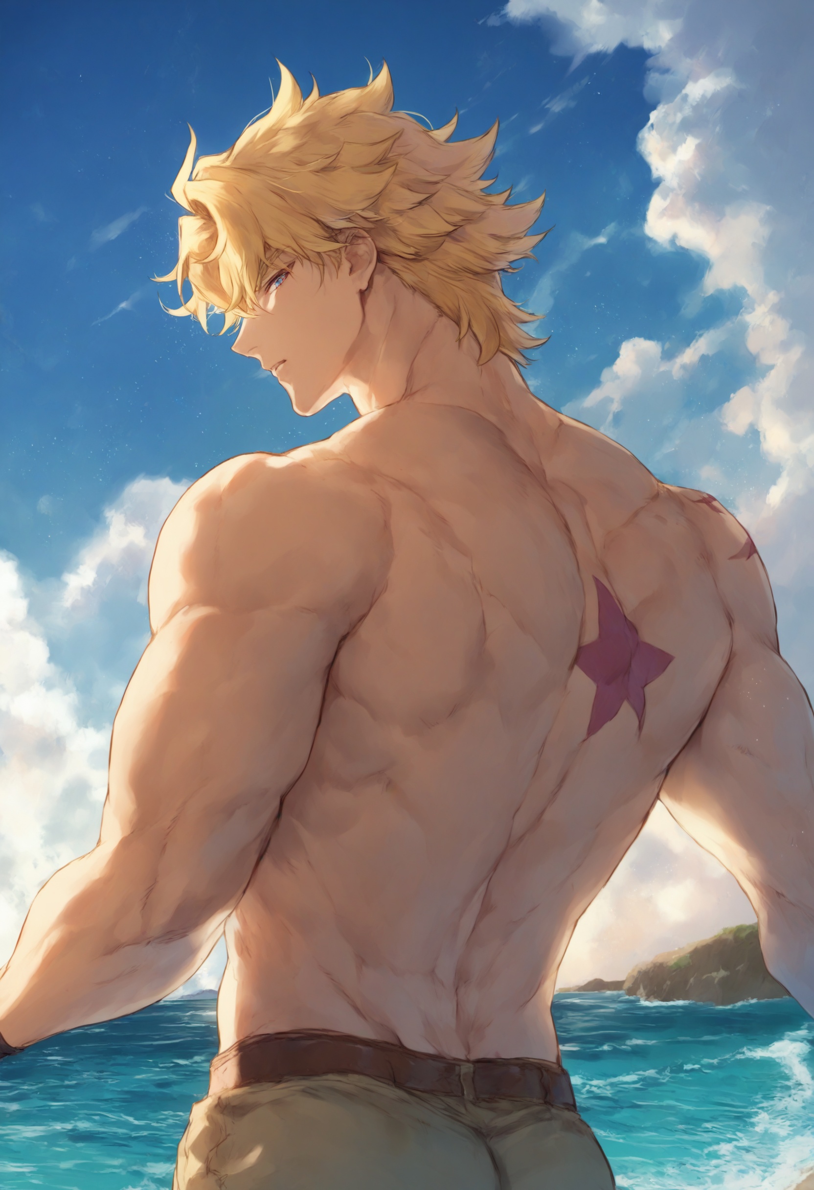 masterpiece, best quality <lora:sd_xl_dpo_lora_v1-128dim:1>birthmark, dio brando, joestar birthmark, 1boy, male focus, blonde hair, solo, topless male, from behind, star (symbol), back, light particles, looking back, scar, muscular, back focus ,  outdoors, scenery, sky, cloud, day, solo, blue sky, standing, cliff, water, very wide shot, from behind, cloudy sky, ocean, horizon <lora:cutesexyrobuttsXLlokrJRU2-000096:1>