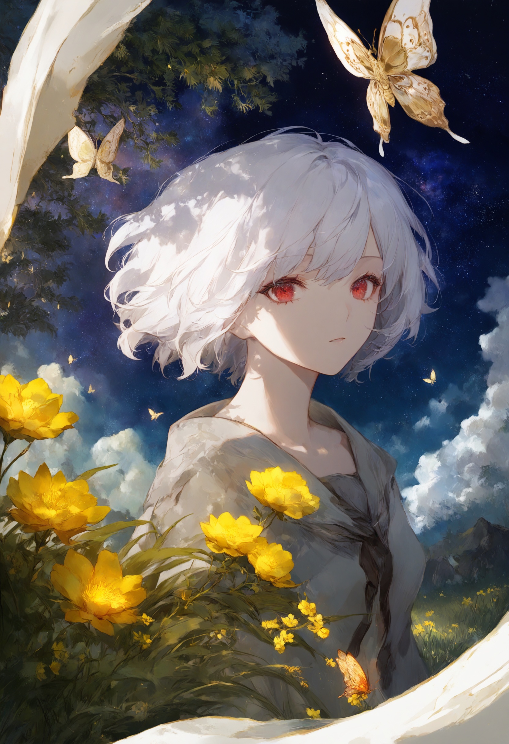 masterpiece, best quality <lora:sd_xl_dpo_lora_v1-128dim:1>solo, looking at viewer, 1girl, portrait, flower, abstract, short hair, yellow flower, white background, 1other, white hair, red eyes, grey eyes, surreal, simple background, mask ,  scenery, sky, star (sky), outdoors, starry sky, night, tree, blurry foreground, bug, night sky, grass, blurry, cloud, plant, butterfly, depth of field, fantasy, flower <lora:cutesexyrobuttsXLlokrJRU2-000096:1>
