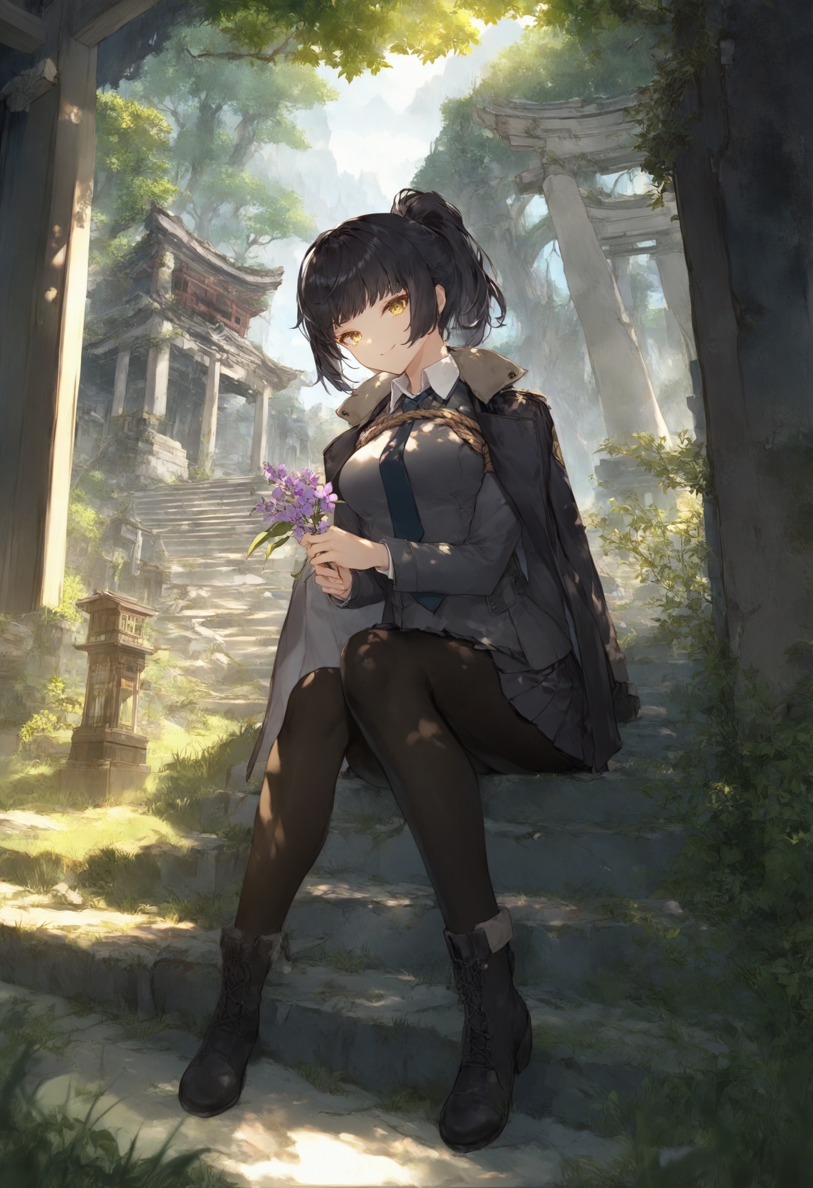 masterpiece, best quality <lora:sd_xl_dpo_lora_v1-128dim:1>1girl, solo, black hair, jacket, skirt , knife, black footwear, necktie  , black jacket, shirt, electricity, yellow eyes, boots , black background, ponytail, full body, jacket on shoulders, long sleeves , socks, pleated skirt, short hair ,  scenery, overgrown, flower, ruins, purple flower, plant, window, tree, outdoors, day, grass, sunlight, solo, flower, pantyhose, coat, standing, blurry, overgrown, long sleeves, looking at viewer, sunlight, plant, depth of field, window, ruins, bangs, holding flower, closed mouth, black pantyhose, holding, indoors, day, stairs, cat, outdoors, sitting, sunlight, tree, torii, sitting on stairs, blurry, day, black cat, plant, scenery, rope, short sleeves, blurry foreground, shrine, open mouth, depth of field, solo, dappled sunlight, smile, book, cloud, scenery, sky, outdoors, ruins, day, blue sky, building, cloudy sky, mountain, sunset <lora:cutesexyrobuttsXLlokrJRU2-000096:1>