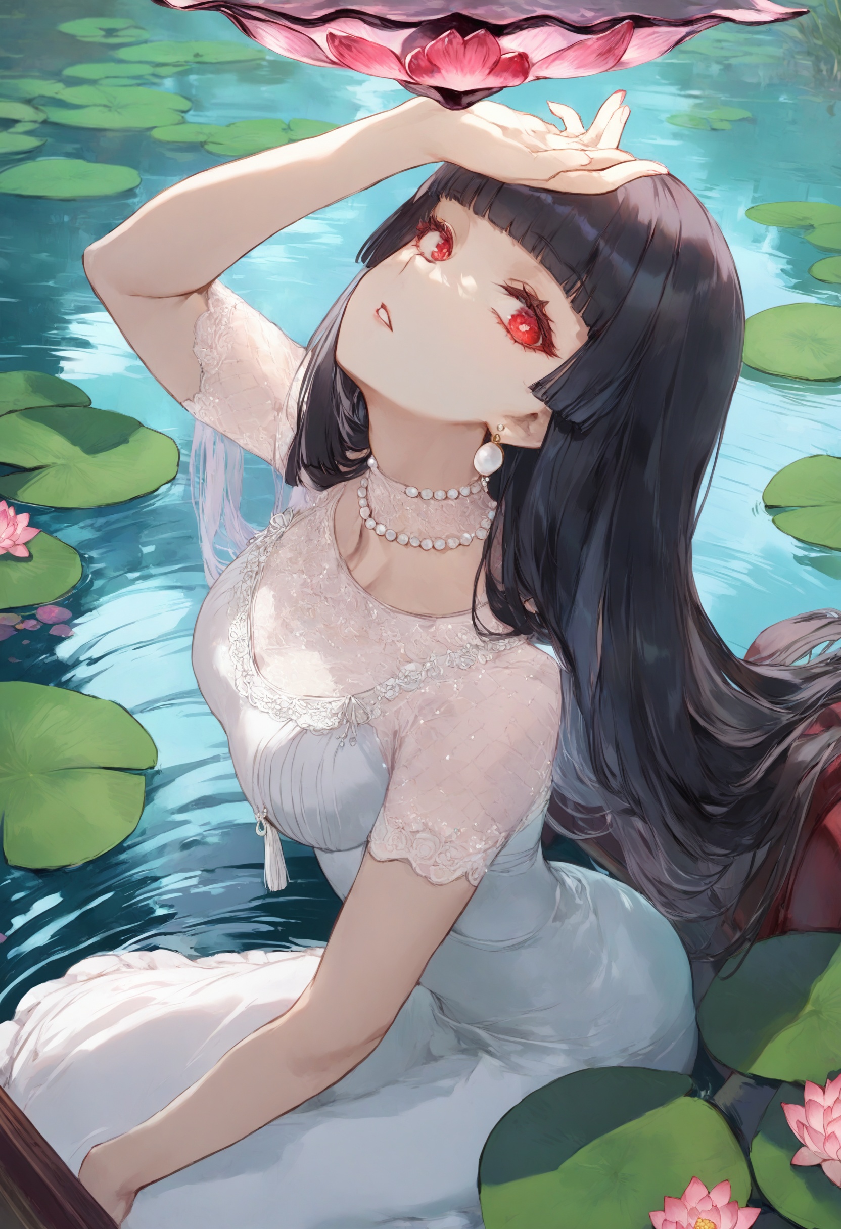 masterpiece, best quality <lora:sd_xl_dpo_lora_v1-128dim:1>jewelry, earrings, red eyes, long hair, black hair, bangs, blunt bangs, 1girl, gem, parted lips, upper body, pearl necklace, necklace, dress, solo, white dress, red gemstone, chair, sitting, frills, looking at viewer, bright pupils, looking up, white pupils, arm up , chess piece ,  lily pad, fish, scenery, water, lotus, reflection, outdoors, flower, pink flower, ripples, day, artist name <lora:cutesexyrobuttsXLlokrJRU2-000096:1>