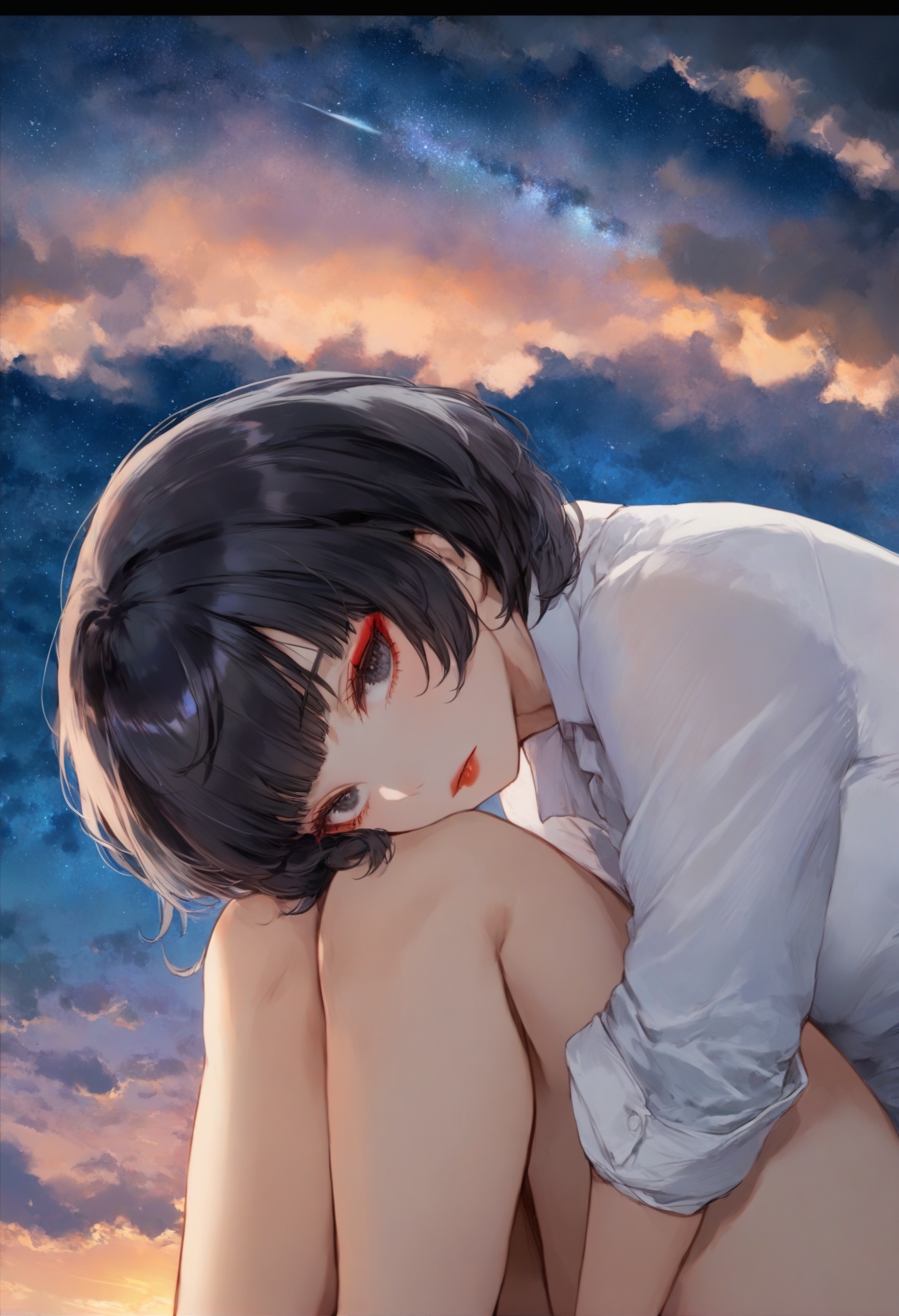 masterpiece, best quality <lora:sd_xl_dpo_lora_v1-128dim:1>1girl, solo, shirt, black hair, looking at viewer, short hair, white shirt, bangs, collared shirt, black eyes, signature, fruit, makeup, knees up, food, red lips ,  sky, cloud, star (sky), border, scenery, outdoors, starry sky, black border, sunset, cloudy sky <lora:cutesexyrobuttsXLlokrJRU2-000096:1>