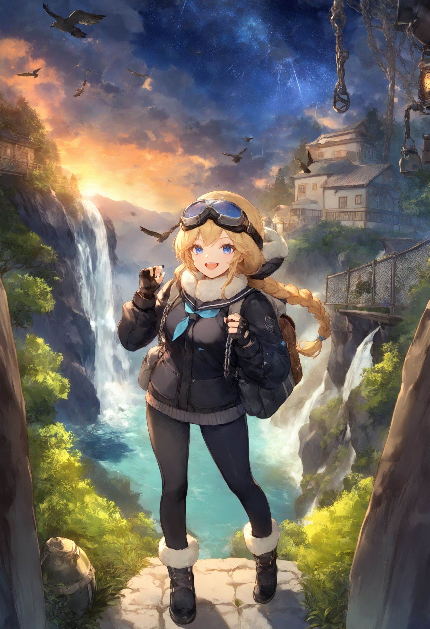 masterpiece, best quality <lora:sd_xl_dpo_lora_v1-128dim:1>gloves, 1girl, explosion, blue eyes, explosive, solo, fingerless gloves, open mouth, smile, blonde hair, fur trim, black gloves, goggles, black jacket, jacket, bomb, teeth, hat, black background, upper teeth only, boots, black footwear, grenade, braid, shoes , long hair, fur-trimmed jacket, looking at viewer, black pants, :d, long sleeves, pants, full body, eyewear on headwear ,  scenery, outdoors, cloud, waterfall, bird, sky, day, fantasy, water, light rays, mountain, sunlight, floating island, landscape, sunbeam, cloudy sky, blue sky, sky, scenery, outdoors, bag, fence, star (sky), backpack, solo, power lines, cloud, chain-link fence, sunset, utility pole, starry sky, school uniform, building, tree, evening, long sleeves, school bag, standing, twilight, night, house, railing <lora:cutesexyrobuttsXLlokrJRU2-000096:1>