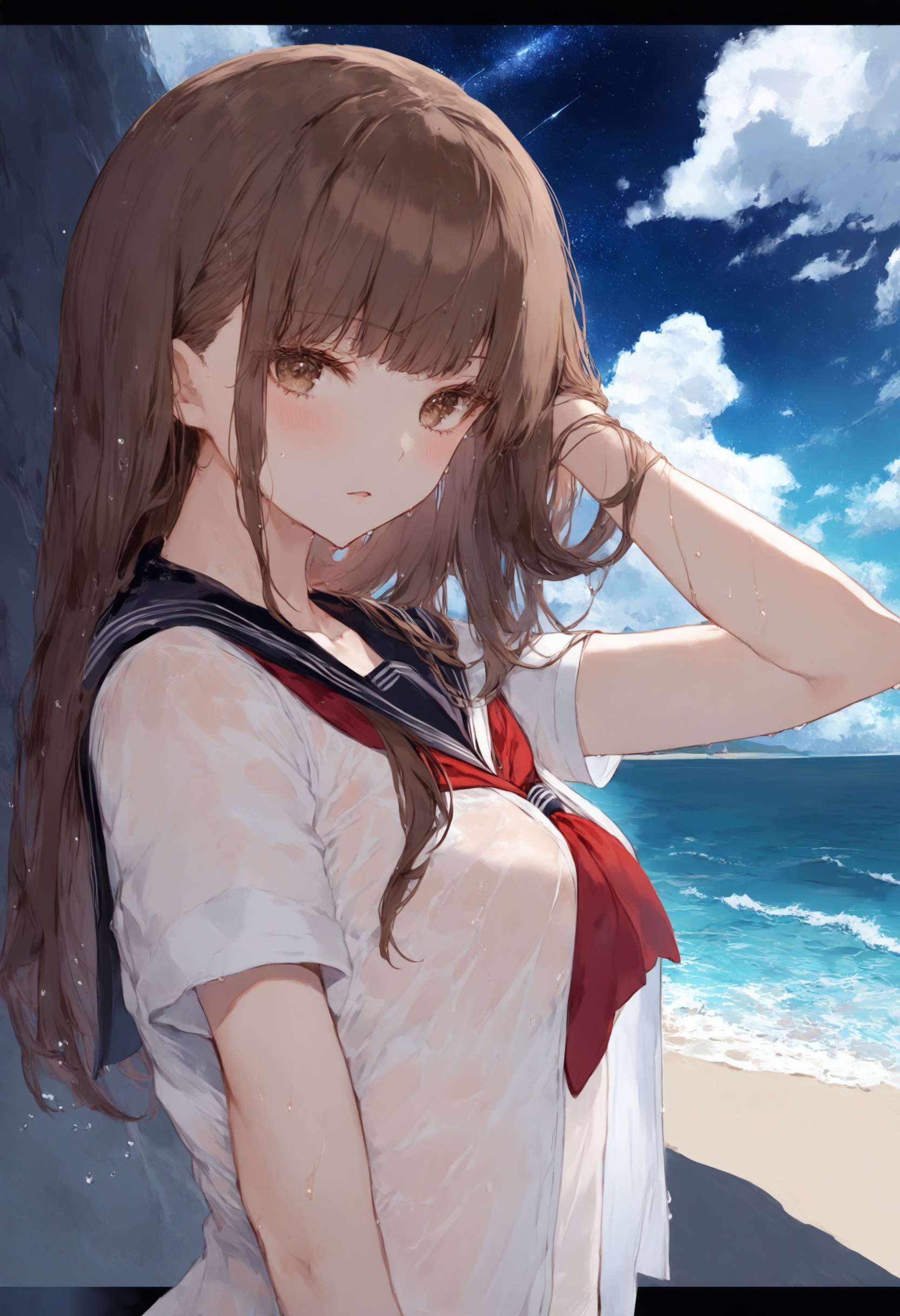 masterpiece, best quality <lora:sd_xl_dpo_lora_v1-128dim:1>1girl, solo, long hair, brown hair, looking at viewer, parted lips, brown eyes, collarbone, bangs, shirt, school uniform, wet, sailor collar, white shirt, wet hair, upper body, serafuku, hand in own hair, open shirt, eyelashes, blush ,  sky, scenery, cloud, outdoors, water, ocean, day, star (sky), fantasy, whale, blue sky, comic, starry sky, black border, border, scenery, sky, cloud, outdoors, day, blue sky, ocean, border, water, black border, horizon, fantasy <lora:cutesexyrobuttsXLlokrJRU2-000096:1>