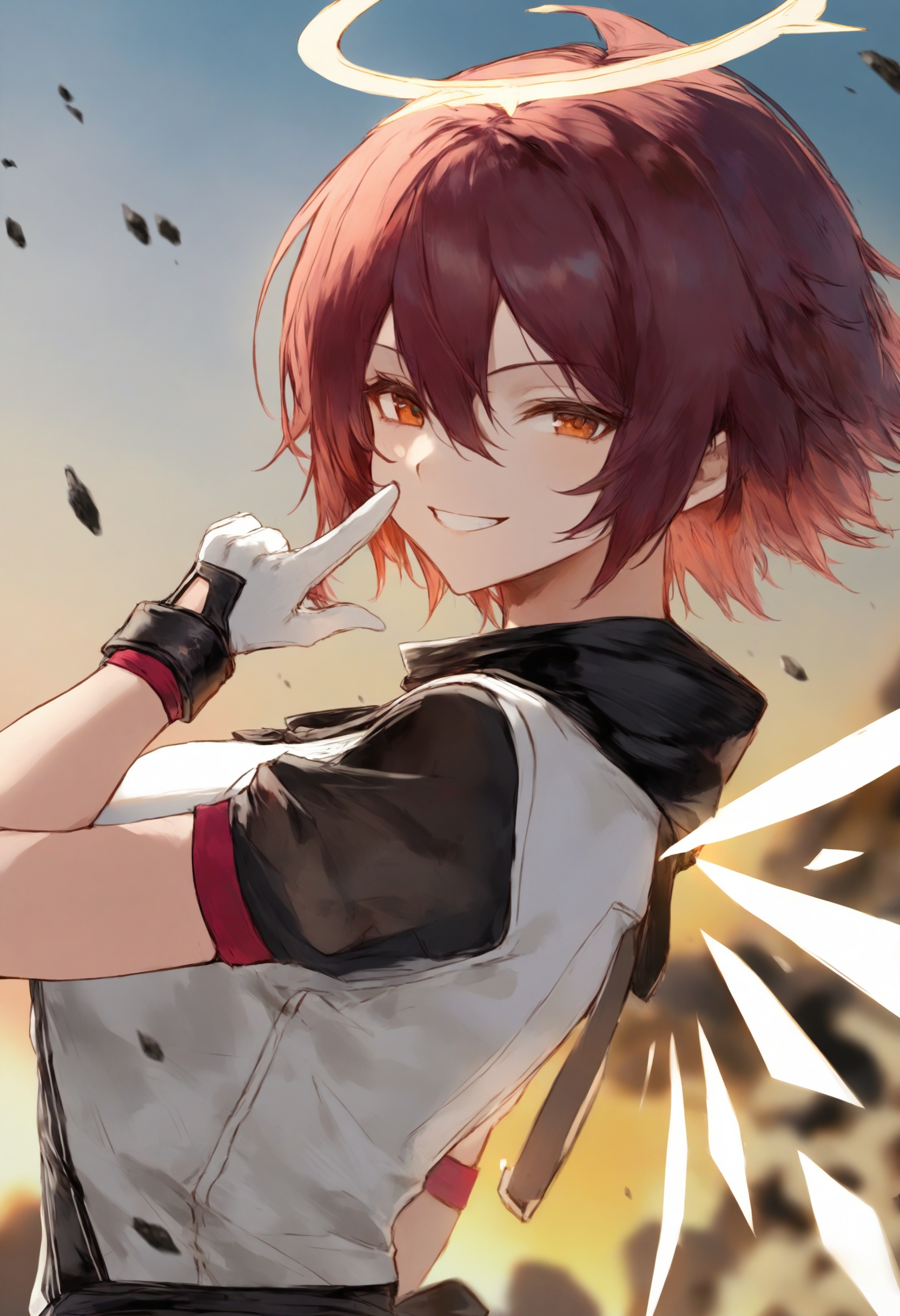 masterpiece, best quality <lora:sd_xl_dpo_lora_v1-128dim:1>exusiai \(arknights\), 1girl, solo, red hair, halo, one eye closed, gloves, short hair, white gloves  tie, smile, looking at viewer, orange eyes, black bow, gradient, see-through, gradient background, black bowtie, shirt, upper body, white shirt, white jacket, wings, grin, short sleeves, energy wings, see-through sleeves, grey background, formal, simple background, hair between eyes, alternate costume, bangs, two-finger salute, collared shirt ,  sky, cloud, outdoors, blurry, blurry foreground, sunset, scenery, glowing, science fiction, debris, from side, solo, robot <lora:cutesexyrobuttsXLlokrJRU2-000096:1>