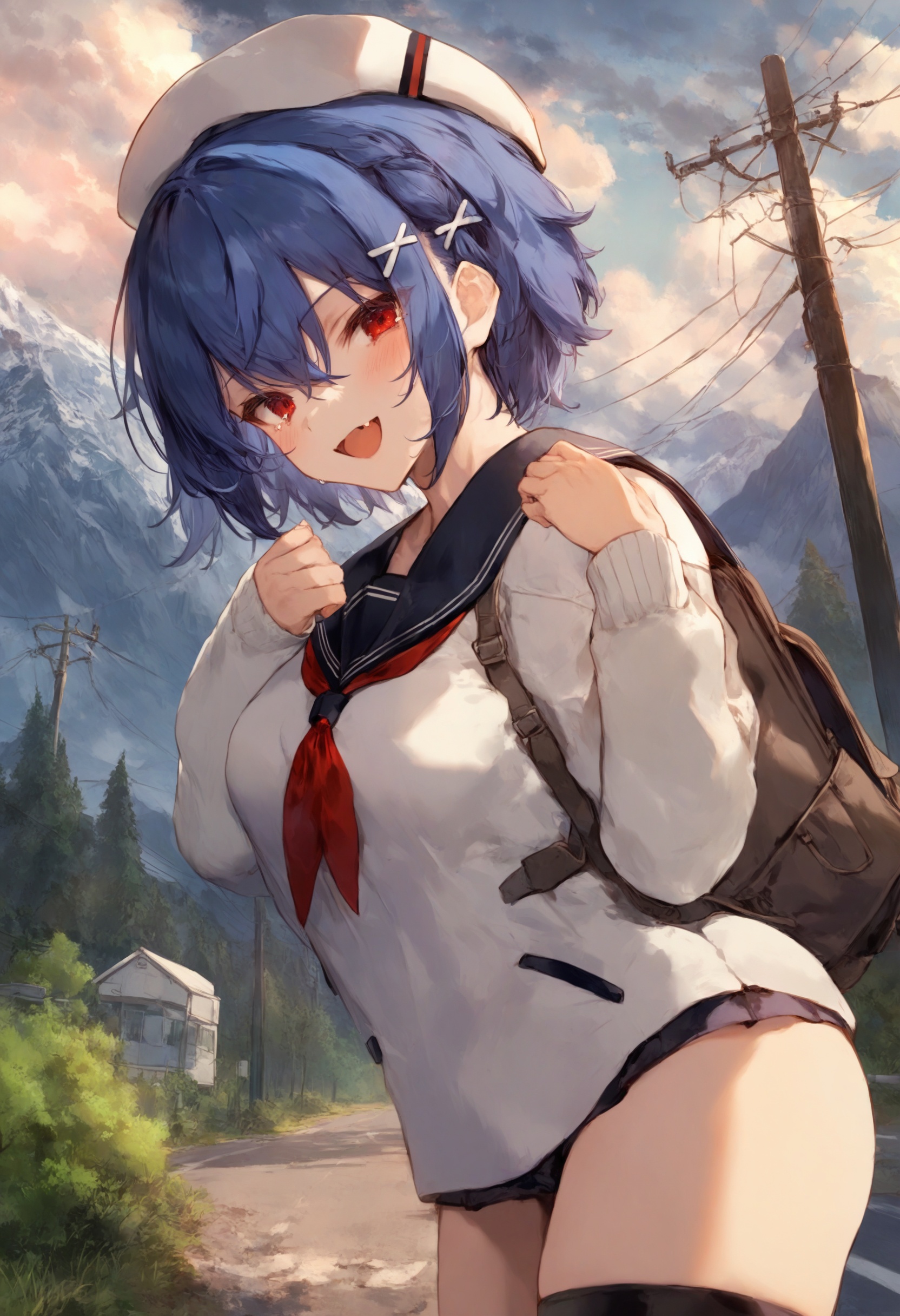 masterpiece, best quality <lora:sd_xl_dpo_lora_v1-128dim:1>1girl, solo, red eyes, blue hair, open mouth, smile, white background, looking at viewer, jacket, white footwear, white jacket, short hair, hair ornament, simple background, hair between eyes, blush, bangs, breasts, long sleeves, bare shoulders, :d, hat, dress, socks, thigh strap, open clothes, x hair ornament, asymmetrical legwear, hand up, medium breasts, fang, skin fang, standing ,  sky, cloud, scenery, outdoors, power lines, utility pole, building, cloudy sky, mirror, sunset, reflection, blue sky, outdoors, solo, cloud, sky, road sign, blurry, scenery, sign, depth of field, day, school uniform, mountain, long sleeves, from side, bag, blue sky, tree, power lines, utility pole, wiping tears, standing, crying, serafuku, tears, cloudy sky, blurry foreground, hand up, nature, profile, backpack, outdoors, solo, cloud, sky, rainbow, day, scenery, road sign, school uniform, from side, blue sky, blurry, mountain, cloudy sky, sign, long sleeves, power lines, profile, standing, tree, utility pole, sunlight, depth of field, serafuku, bag, bangs <lora:cutesexyrobuttsXLlokrJRU2-000096:1>