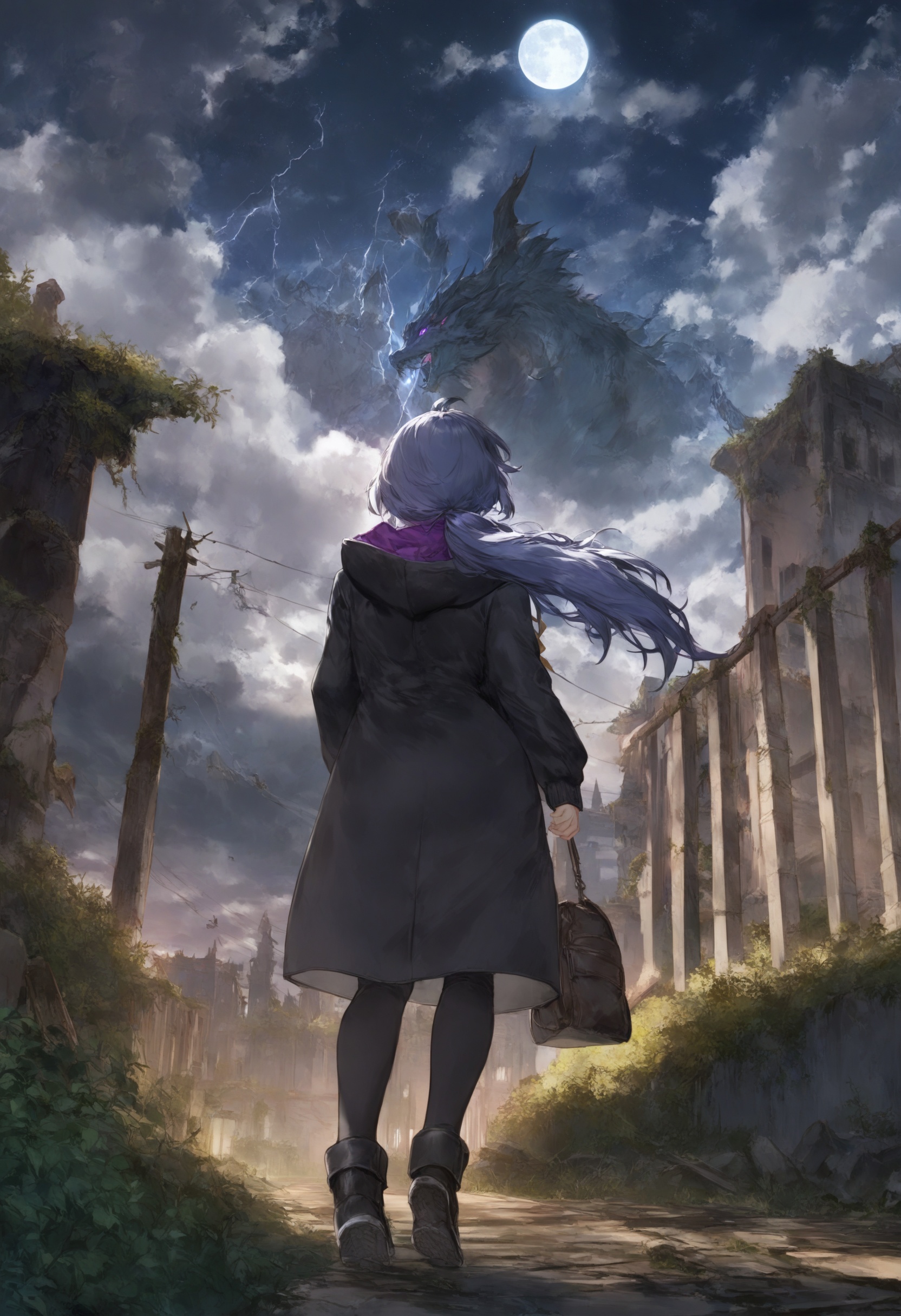 masterpiece, best quality <lora:sd_xl_dpo_lora_v1-128dim:1>F:\\AIxunlianji\\SWAV\\10 SWAV, 1girl , long hair , dress , building, white dress, dragon, open clothes, jacket, standing, black jacket, outdoors, boots, open jacket, coat, polearm, solo, open coat, black footwear, lightning, monster, black coat, long sleeves, sky, ponytail, purple eyes, bangs, hood down ,  moon, night, sky, scenery, night sky, star (sky), full moon, outdoors, cloud, starry sky, ruins, tree, overgrown, post-apocalypse, outdoors, tree, sky, cloud, scenery, solo, swing, blue sky, day, building, sitting, sunlight, shoes, cloudy sky, kneehighs, wide shot, school uniform, long sleeves, railing, bag, power lines, sky, cloud, solo, male focus, scenery, power lines, tree, building, pants, utility pole, hood, bird, blue sky, standing, hoodie, cloudy sky, hood down, from behind, black pants, wide shot, house, shoes, long sleeves, fence <lora:cutesexyrobuttsXLlokrJRU2-000096:1>