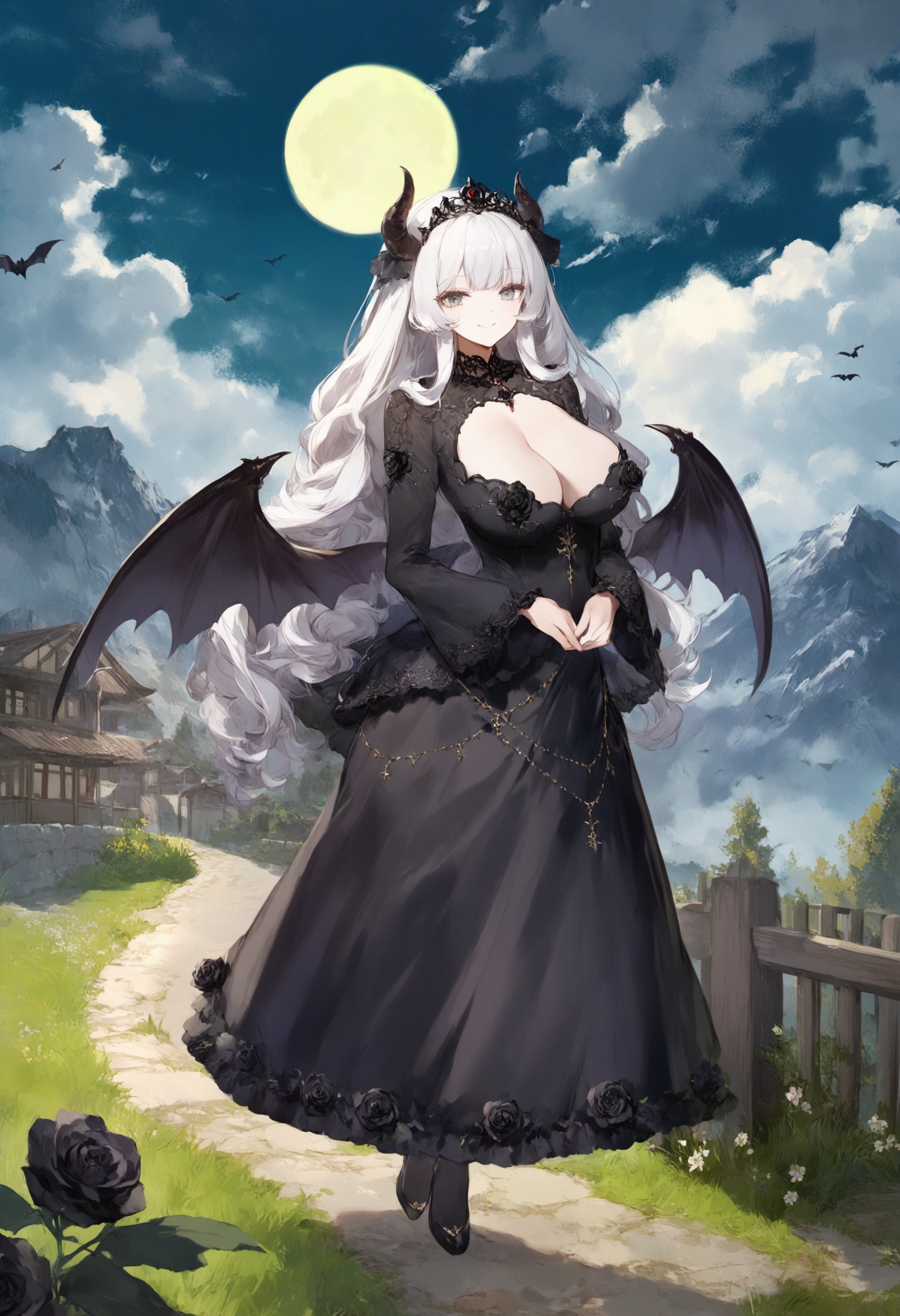 masterpiece, best quality <lora:sd_xl_dpo_lora_v1-128dim:1>1girl, black flower, solo, wings, long hair, black rose, flower, dress, breasts, rose, full body, white hair, cleavage, tiara, white background, grey eyes, horns, standing, looking at viewer, black footwear, black dress, frills, long sleeves, moon, very long hair, bangs, black wings, closed mouth, simple background, smile, bat wings, large breasts, dragon wings ,  scenery, tree, outdoors, sky, cloud, day, grass, fence, flower, blue sky, mountain, path, building, house, fruit, nature, road, rock, artist name, food <lora:cutesexyrobuttsXLlokrJRU2-000096:1>