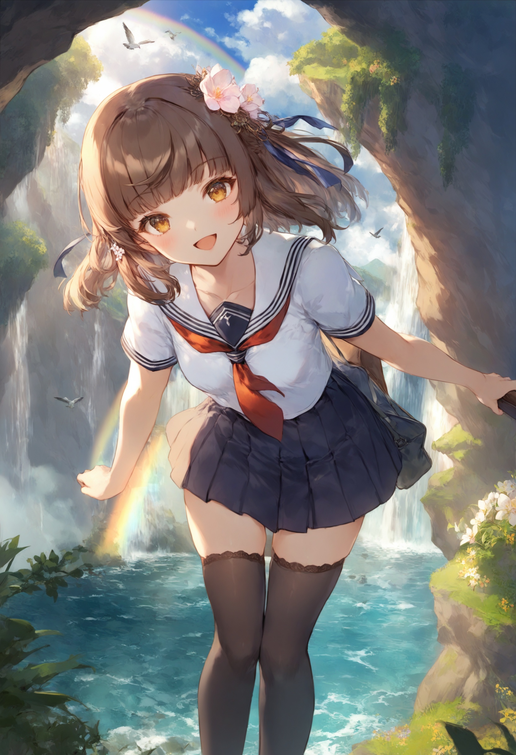 masterpiece, best quality <lora:sd_xl_dpo_lora_v1-128dim:1>solo, 1girl, thighhighs, hair ornament, looking at viewer, open mouth, smile, short sleeves, dress, blush, underwear, necktie, white background, flower, bangs, collarbone, brown hair, hair flower, simple background, :d, school uniform ,  waterfall, rainbow, scenery, sky, cloud, outdoors, day, water, blue sky, floating island, cliff, fantasy, mountain, solo, school uniform, cloud, sky, outdoors, serafuku, day, scenery, bird, blue sky, short sleeves, bag, border, smile, ocean, standing, kneehighs, black border, holding, mountain, water, cloudy sky, looking at viewer, neckerchief, open mouth, bangs <lora:cutesexyrobuttsXLlokrJRU2-000096:1>