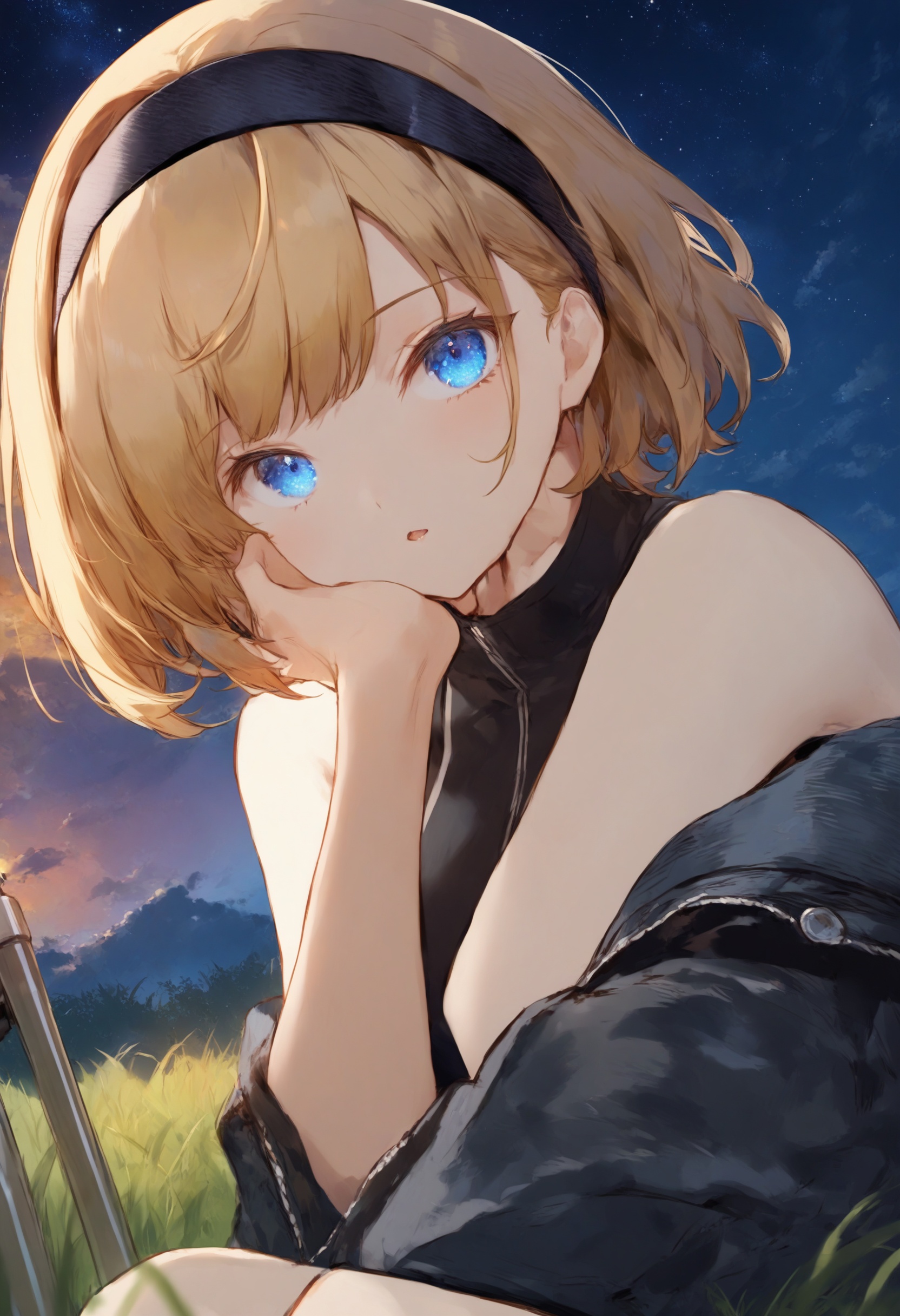 masterpiece, best quality <lora:sd_xl_dpo_lora_v1-128dim:1>1girl, solo, blue eyes, blonde hair, white background, looking at viewer, simple background, upper body, hairband, jacket, shirt, open mouth, sleeveless, short hair, black hairband, off shoulder, bangs, parted lips, black jacket, sleeveless shirt, bare shoulders, black shirt, hand up, hand on own chin ,  sky, outdoors, star (sky), scenery, cloud, starry sky, from below, sunset, grass, solo, sitting, telescope, blurry foreground, twilight <lora:cutesexyrobuttsXLlokrJRU2-000096:1>