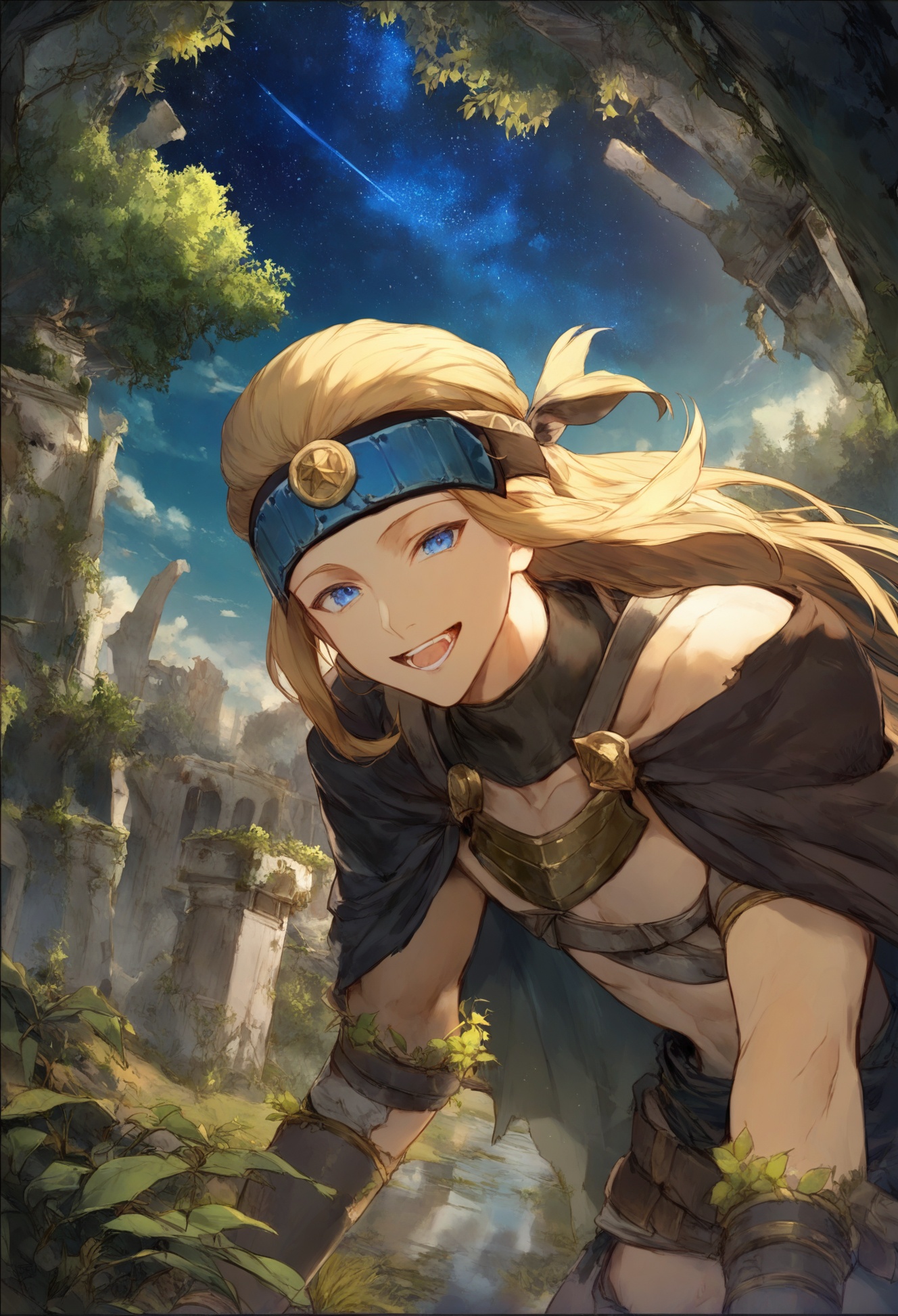 masterpiece, best quality <lora:sd_xl_dpo_lora_v1-128dim:1>extra mouth, long hair, open mouth, blonde hair, tongue, blue eyes, teeth, solo, 1boy, male focus, looking at viewer, jewelry, forehead protector, smile, headband, cloak ,  sky, scenery, star (sky), cloud, outdoors, tree, reflection, starry sky, overgrown, ruins, day, water, night, border, post-apocalypse, blue sky, plant, black border <lora:cutesexyrobuttsXLlokrJRU2-000096:1>