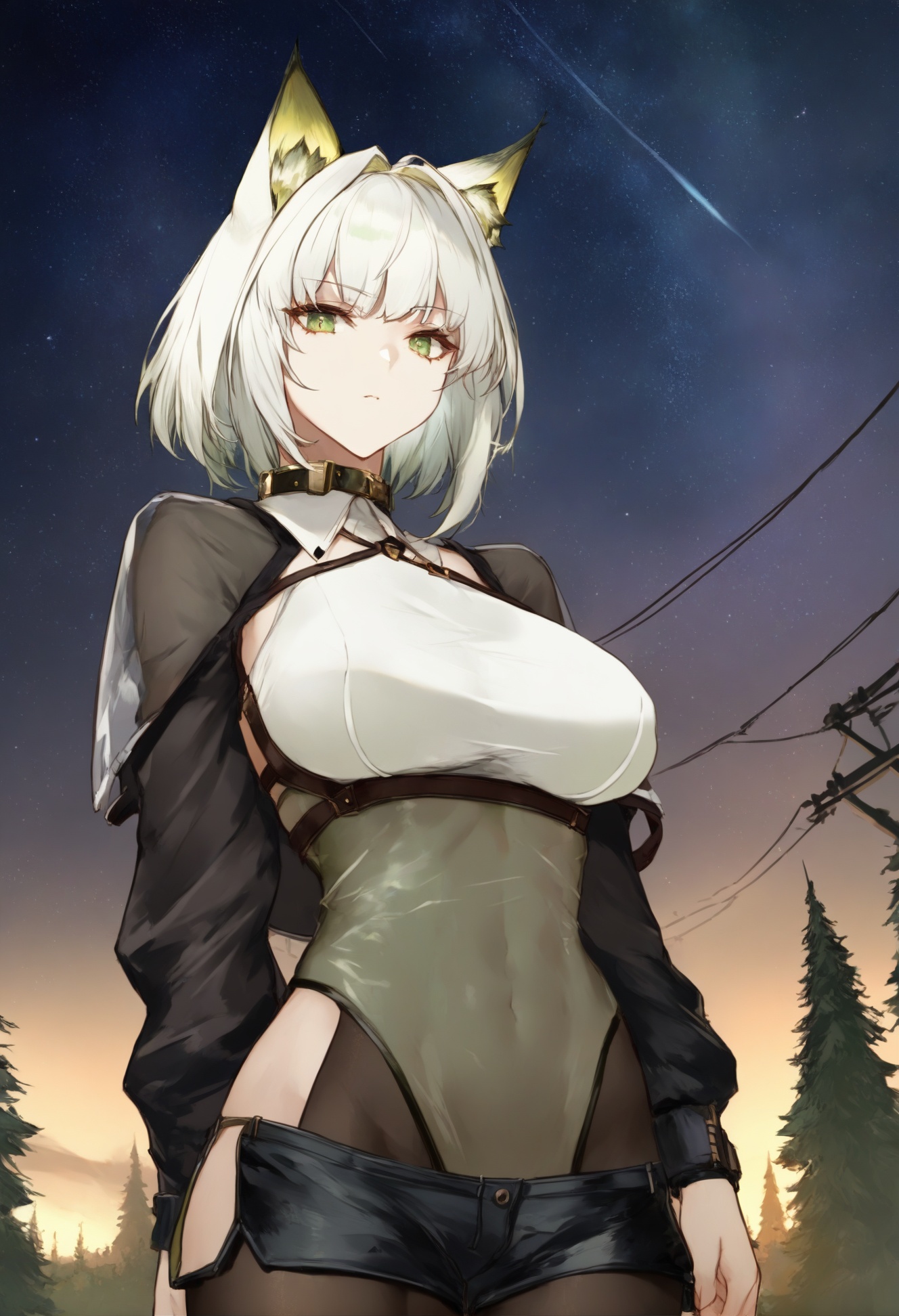 masterpiece, best quality <lora:sd_xl_dpo_lora_v1-128dim:1>1girl, kal'tsit (arknights), solo, breasts, animal ears, green eyes, shorts, looking at viewer, short hair, white hair, pantyhose, alternate costume, white background, large breasts, simple background, jacket, navel, bangs, cowboy shot, long sleeves, cat ears ,  scenery, star (sky), sky, starry sky, tree, night, outdoors, night sky, milky way, power lines, silhouette <lora:cutesexyrobuttsXLlokrJRU2-000096:1>