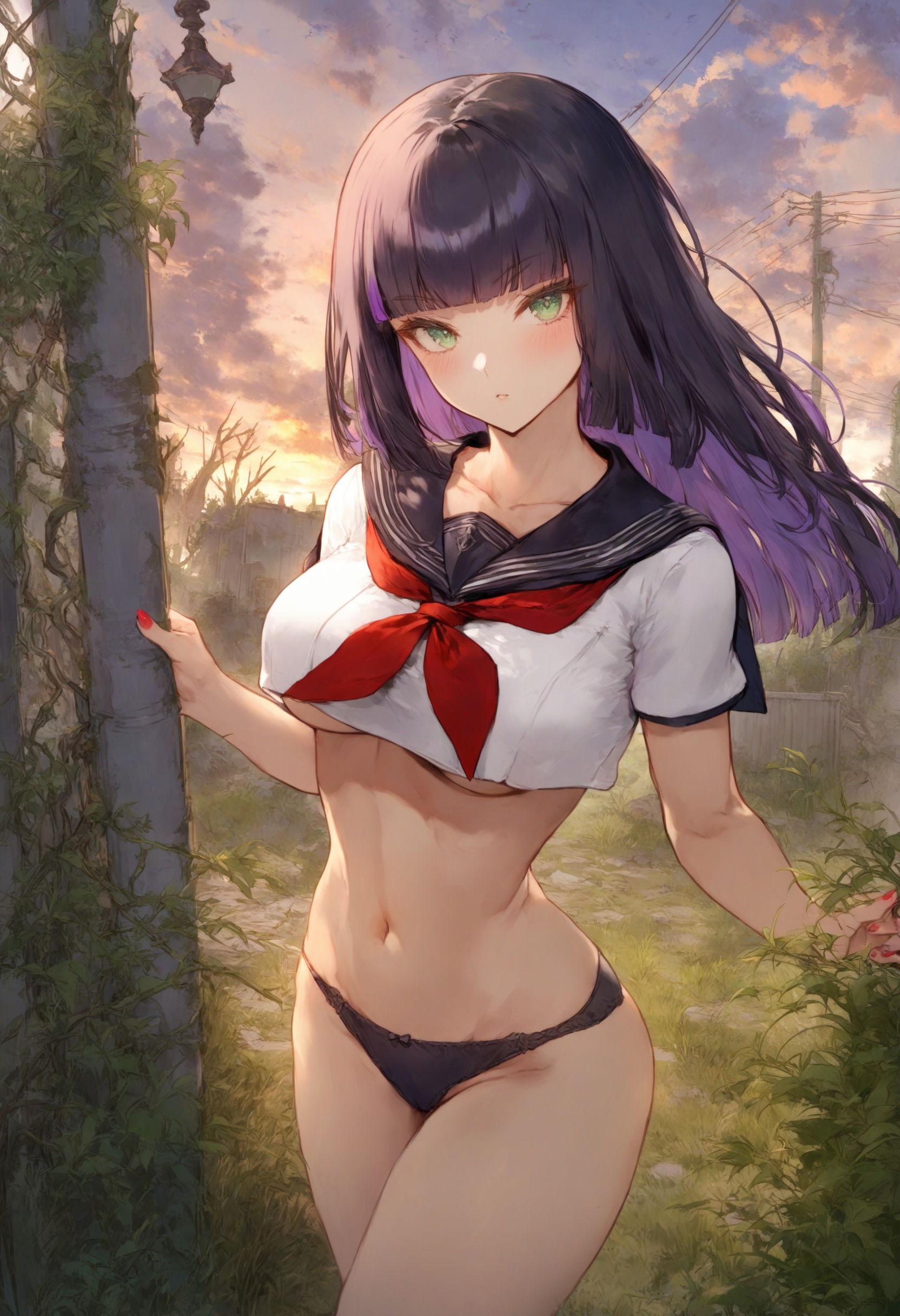 masterpiece, best quality <lora:sd_xl_dpo_lora_v1-128dim:1>1girl, breasts, underwear, solo, long hair, panties, green eyes, black hair, bangs , navel, blunt bangs, multicolored hair, cleavage, indoors, nail polish, purple hair, blush, cowboy shot, collarbone, standing, stomach, large breasts, bare shoulders  ,  scenery, cloud, sky, outdoors, tree, sunset, grass, building, cloudy sky, ground vehicle, lamppost, overgrown, power lines, ruins, evening, plant, sign, solo, school uniform, fence, neckerchief, outdoors, serafuku, standing, chain-link fence, scenery, tree, red neckerchief, bangs, wide shot, holding, bag, shoes, looking at viewer, short sleeves, sky, grass, day <lora:cutesexyrobuttsXLlokrJRU2-000096:1>