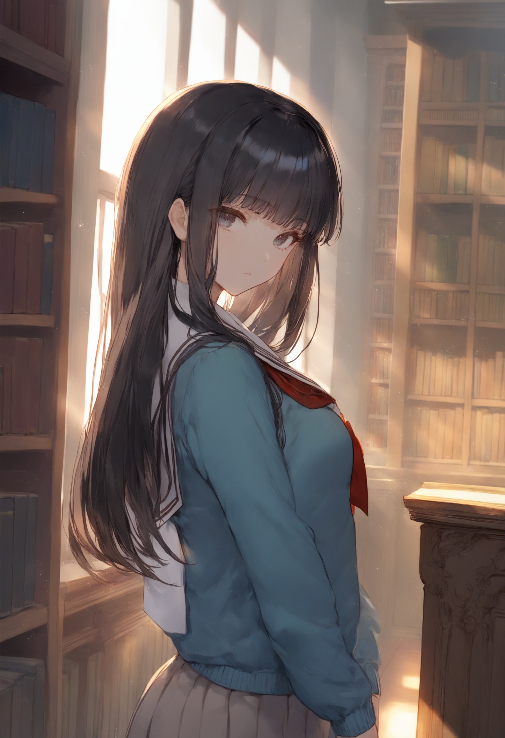 masterpiece, best quality <lora:sd_xl_dpo_lora_v1-128dim:1>1girl, solo, black hair, white background, simple background, looking at viewer, long hair, closed mouth, standing, bangs ,  solo, bookshelf, sitting, window, book, indoors, sunlight, school uniform, light particles, long sleeves, light rays, book stack, male focus, scenery, library <lora:cutesexyrobuttsXLlokrJRU2-000096:1>