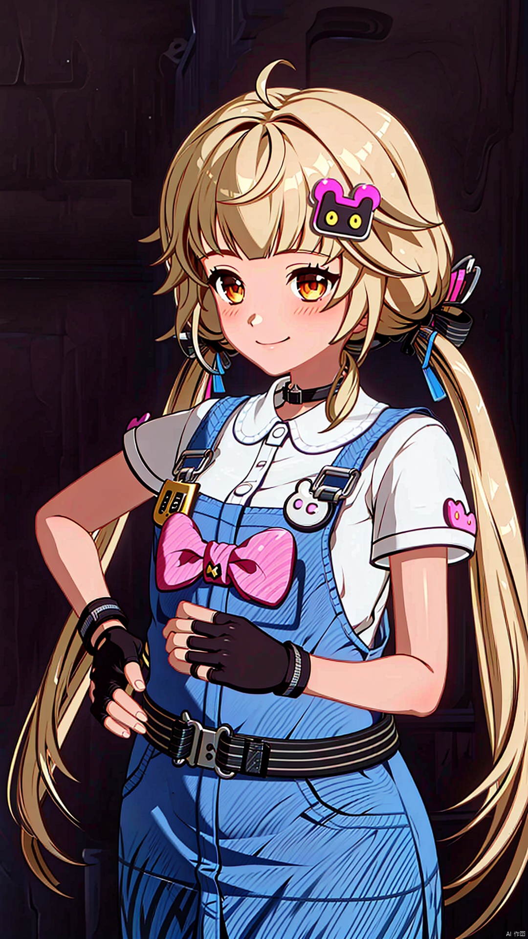 1girl, solo, long hair, looking at viewer, smile, bangs, blonde hair, simple background, shirt, hair ornament, gloves, bow, twintails, brown eyes, closed mouth, white shirt, ahoge, short sleeves, hair bow, cowboy shot, choker, black gloves, belt, virtual youtuber, fingerless gloves, orange eyes, hand on hip, low twintails, black choker, bandaid, overalls