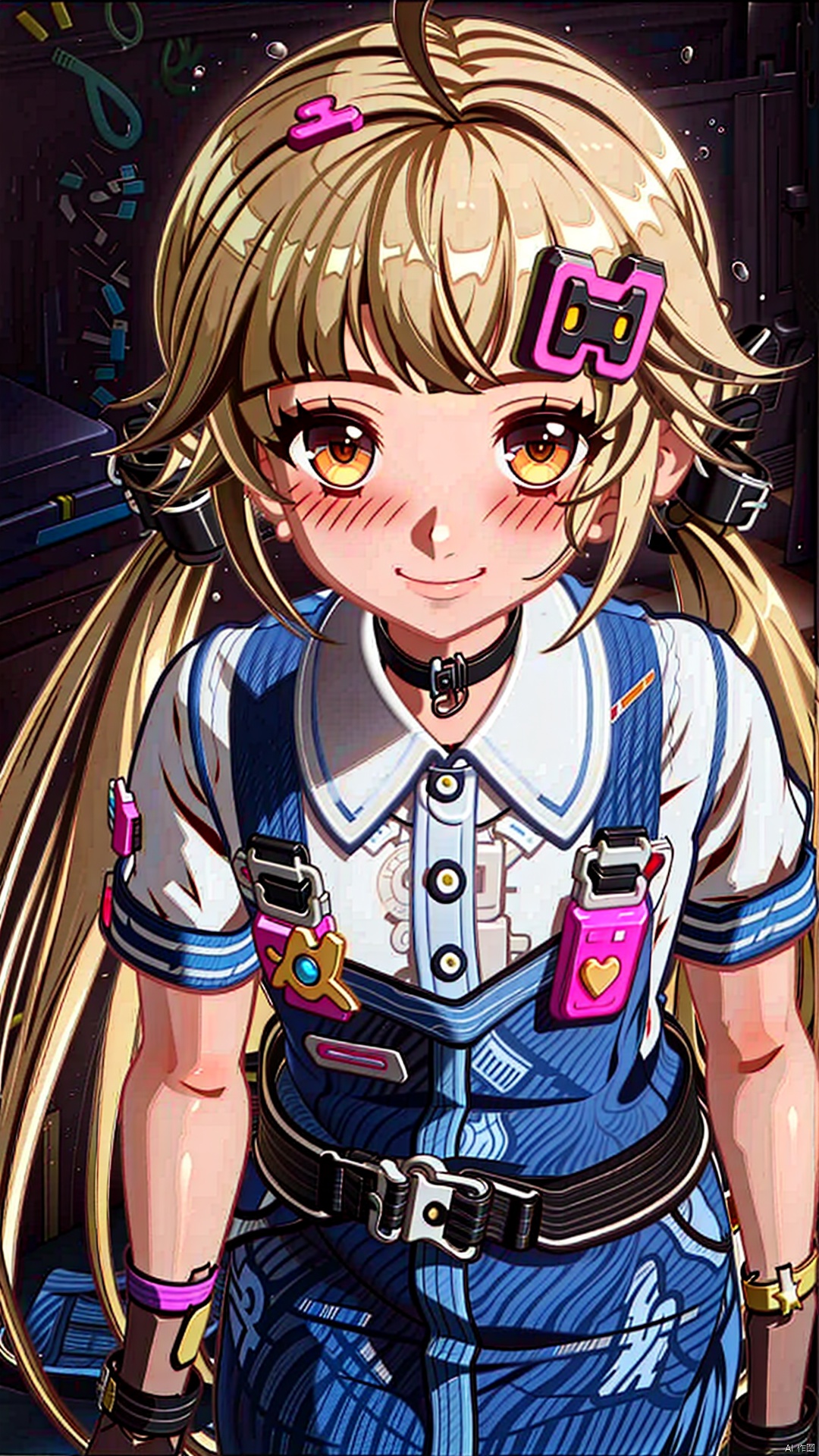 1girl, solo, long hair, looking at viewer, smile, bangs, blonde hair, simple background, shirt, hair ornament, gloves, bow, twintails, brown eyes, closed mouth, white shirt, ahoge, short sleeves, hair bow, cowboy shot, choker, black gloves, belt, virtual youtuber, fingerless gloves, orange eyes, hand on hip, low twintails, black choker, bandaid, overalls