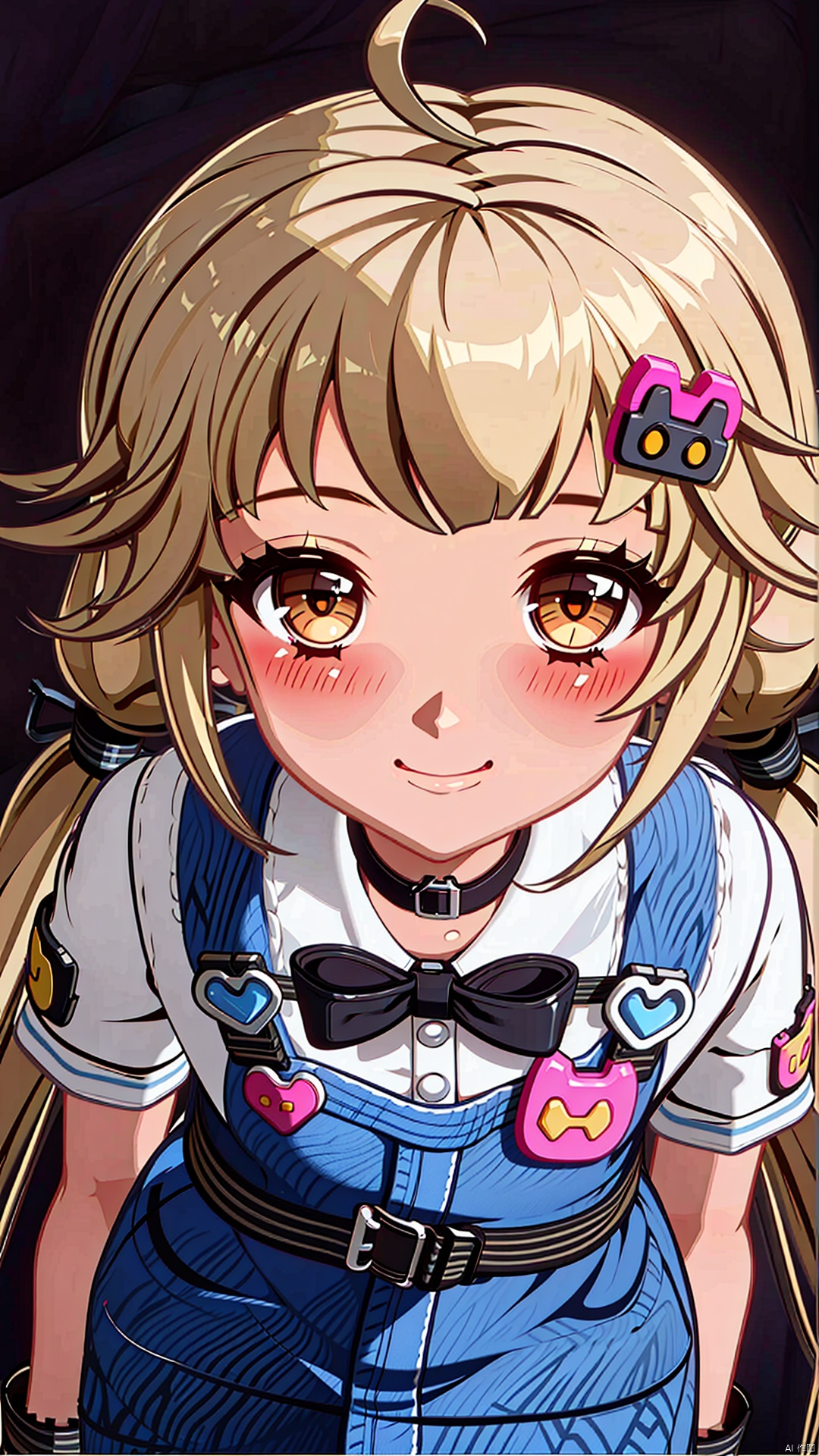 1girl, solo, long hair, looking at viewer, smile, bangs, blonde hair, simple background, shirt, hair ornament, gloves, bow, twintails, brown eyes, closed mouth, white shirt, ahoge, short sleeves, hair bow, cowboy shot, choker, black gloves, belt, virtual youtuber, fingerless gloves, orange eyes, hand on hip, low twintails, black choker, bandaid, overalls