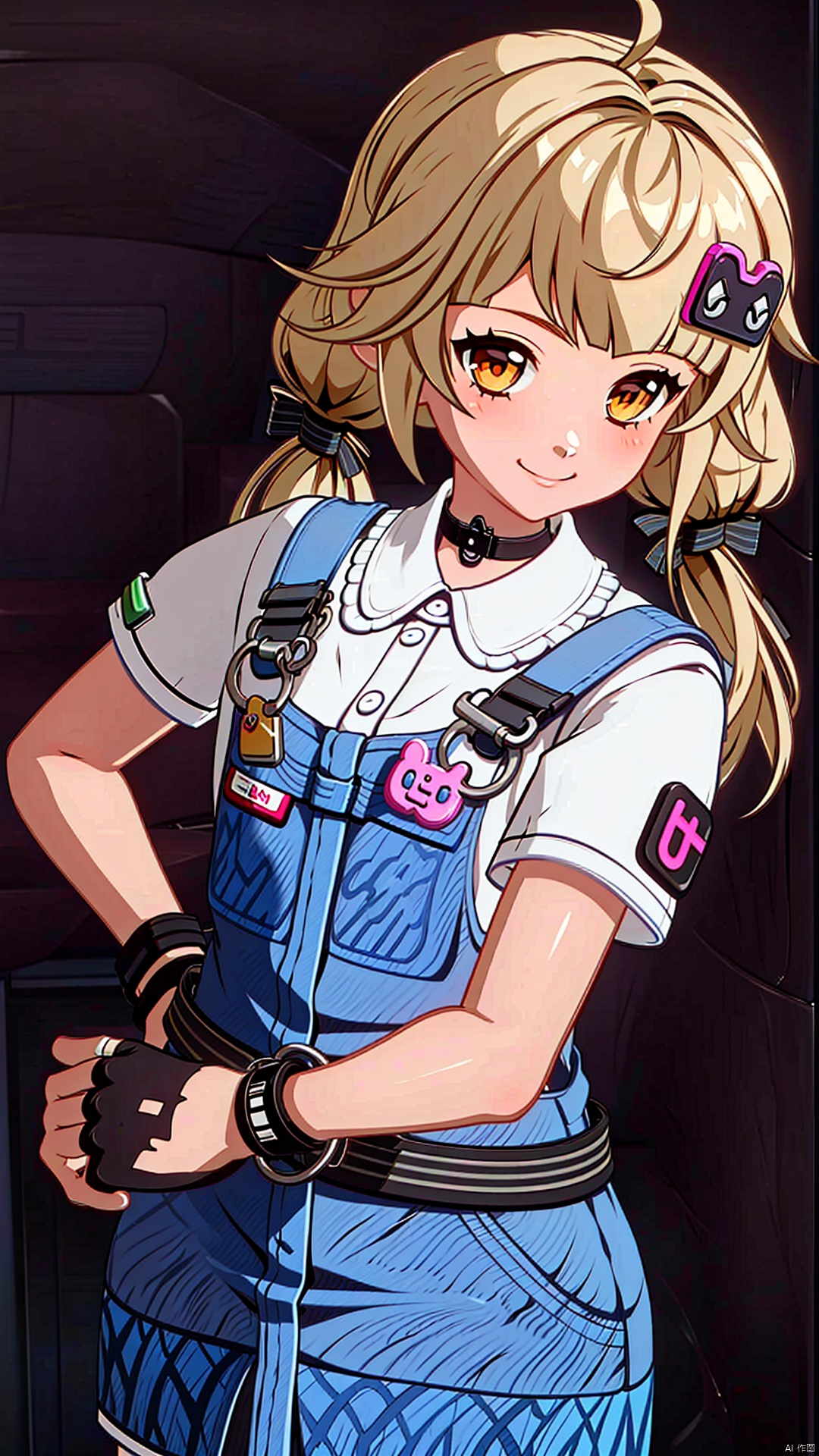 1girl, solo, long hair, looking at viewer, smile, bangs, blonde hair, simple background, shirt, hair ornament, gloves, bow, twintails, brown eyes, closed mouth, white shirt, ahoge, short sleeves, hair bow, cowboy shot, choker, black gloves, belt, virtual youtuber, fingerless gloves, orange eyes, hand on hip, low twintails, black choker, bandaid, overalls
