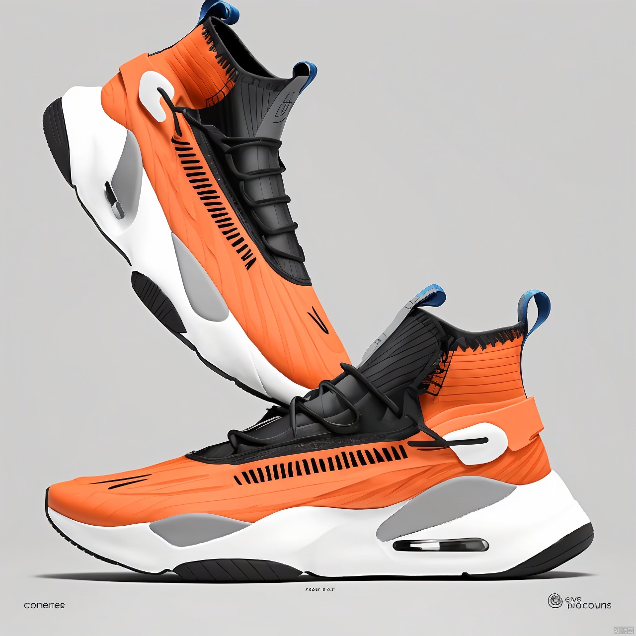  A orange shoe design, side view,white background, greyscale, shoes,, grey background, no humans, sneakers, still life, conceptual design, masterpieces of art.Shaped soles, shoe design