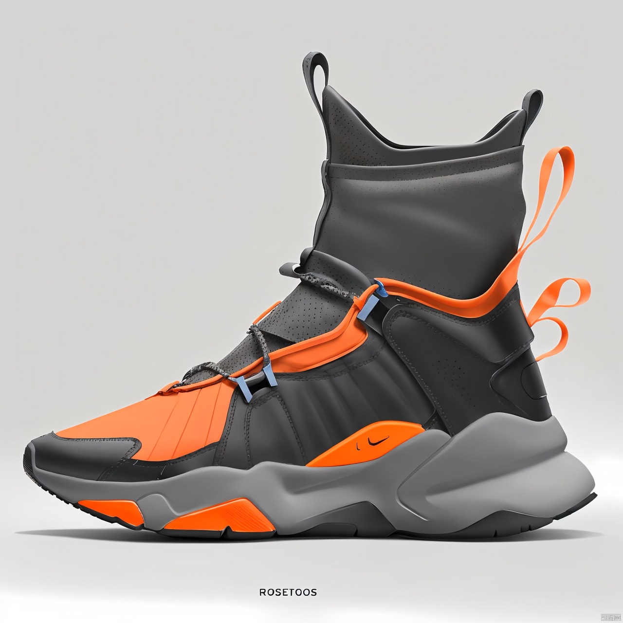  one foot in one shoe,A orange shoe design, side view,white background, greyscale, shoes,, grey background, no humans, sneakers, still life, conceptual design, masterpieces of art.Mechanical soles, shoe design,background blurring