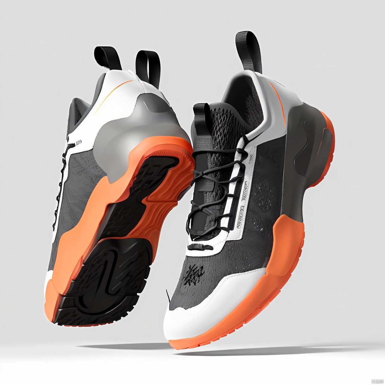  A orange shoe design, side view,white background, greyscale, shoes,, grey background, no humans, sneakers, still life, conceptual design, masterpieces of art.Mechanical soles, shoe design