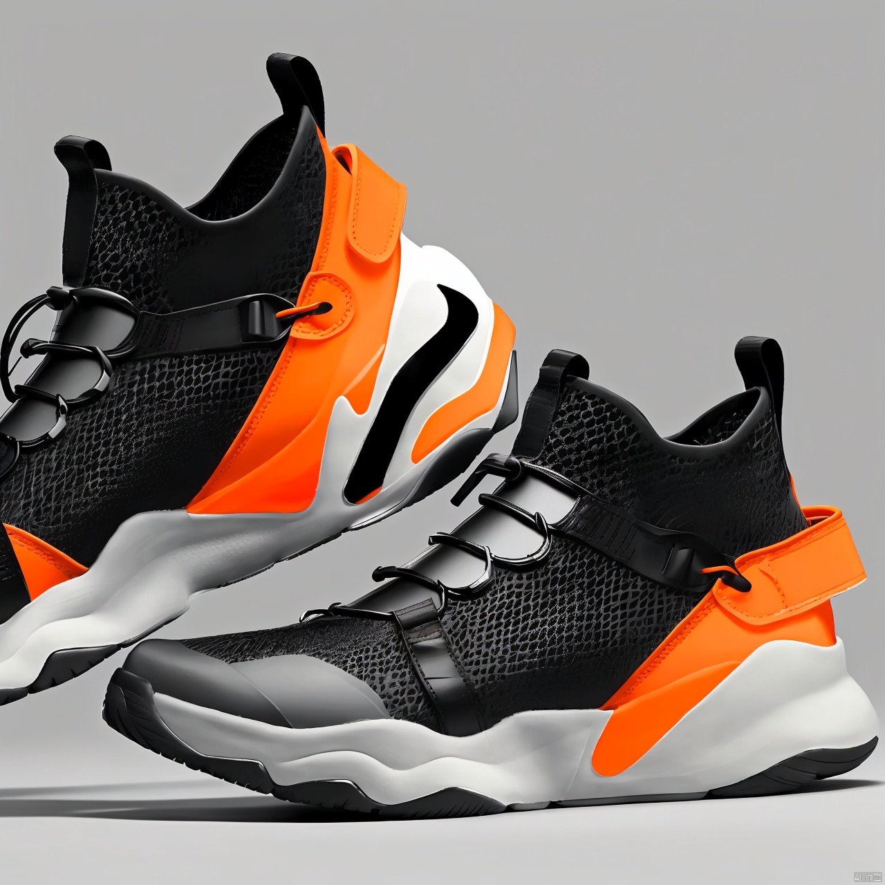  A orange shoe design, side view,white background, greyscale, shoes,, grey background, no humans, sneakers, still life, conceptual design, masterpieces of art.Shaped soles, shoe design