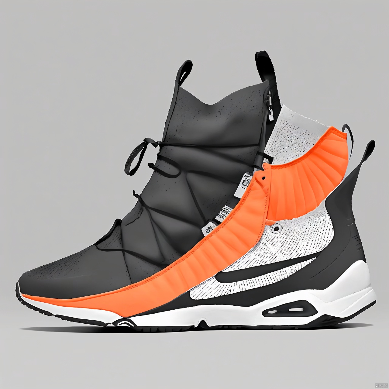  A orange shoe design, side view,white background, greyscale, shoes,, grey background, no humans, sneakers, still life, conceptual design, masterpieces of art.Shaped soles, shoe design