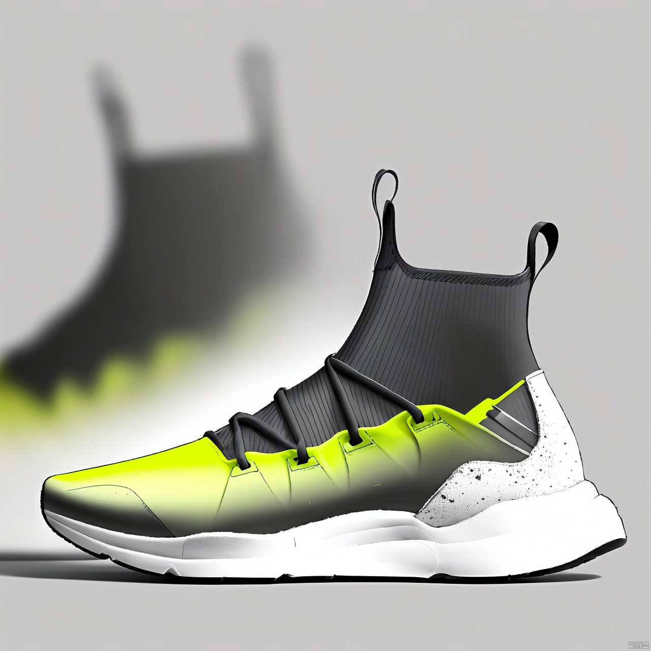  lit. one foot in one shoe,A yellow shoe  design, side view,white background, greyscale, shoes,, grey background, no humans, sneakers, still life, conceptual design, masterpieces of art.Mechanical soles, shoe design