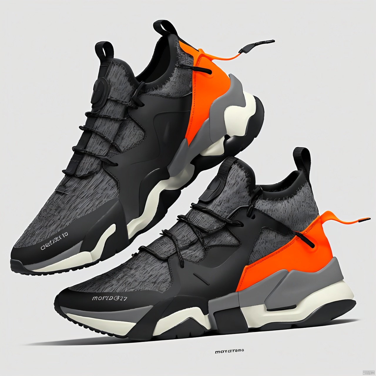  A orange shoe design, side view,white background, greyscale, shoes,, grey background, no humans, sneakers, still life, conceptual design, masterpieces of art.Shaped soles, shoe design