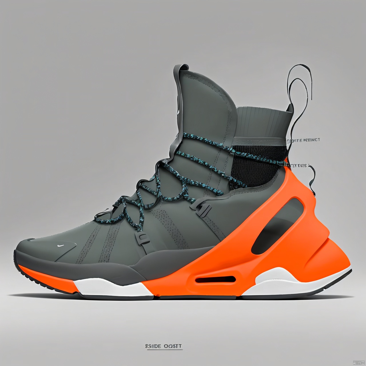  one foot in one shoe,A orange shoe design, side view,white background, greyscale, shoes,, grey background, no humans, sneakers, still life, conceptual design, masterpieces of art.Mechanical soles, shoe design,background blurring