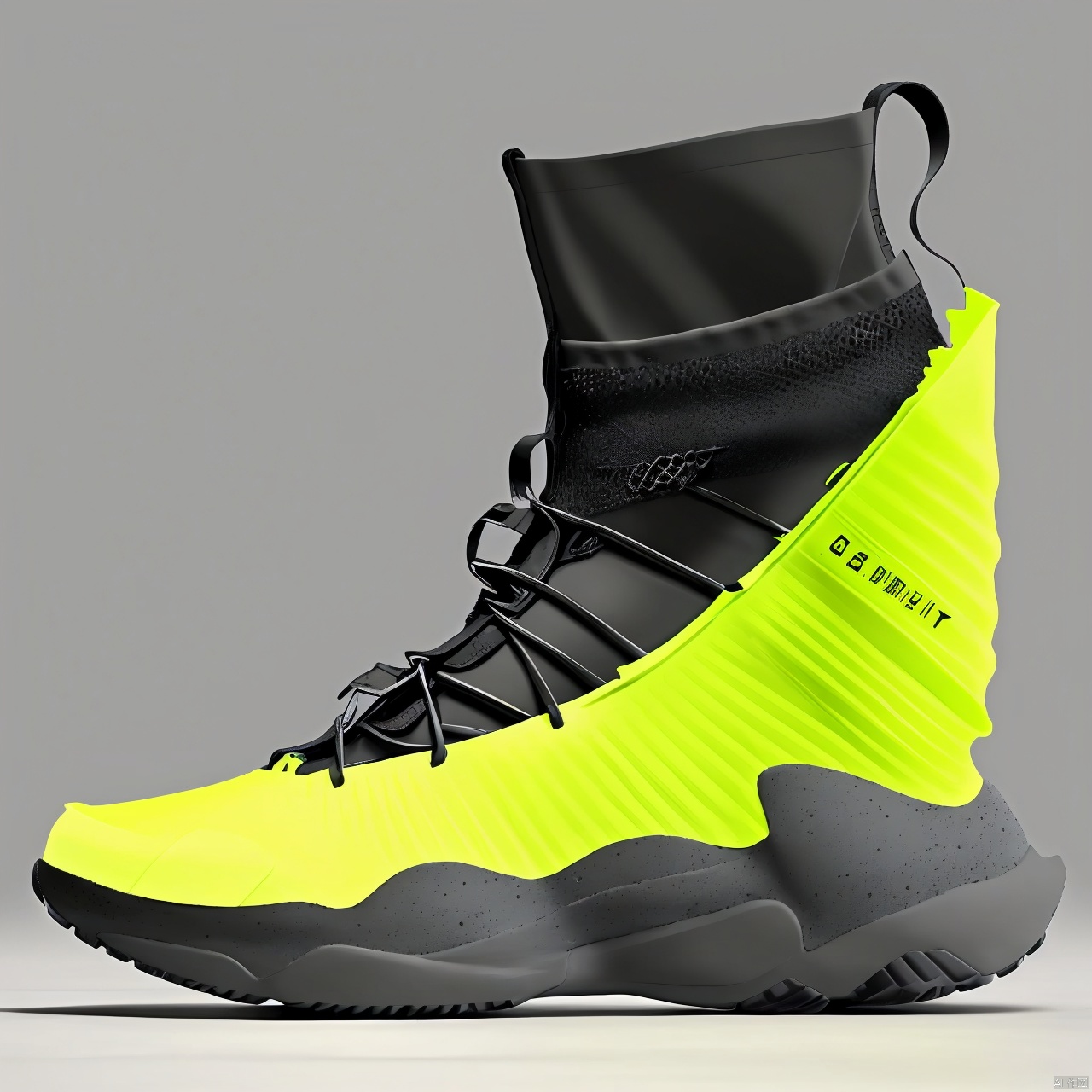  lit. one foot in one shoe,A yellow shoe  design, side view,white background, greyscale, shoes,, grey background, no humans, sneakers, still life, conceptual design, masterpieces of art.Mechanical soles, shoe design