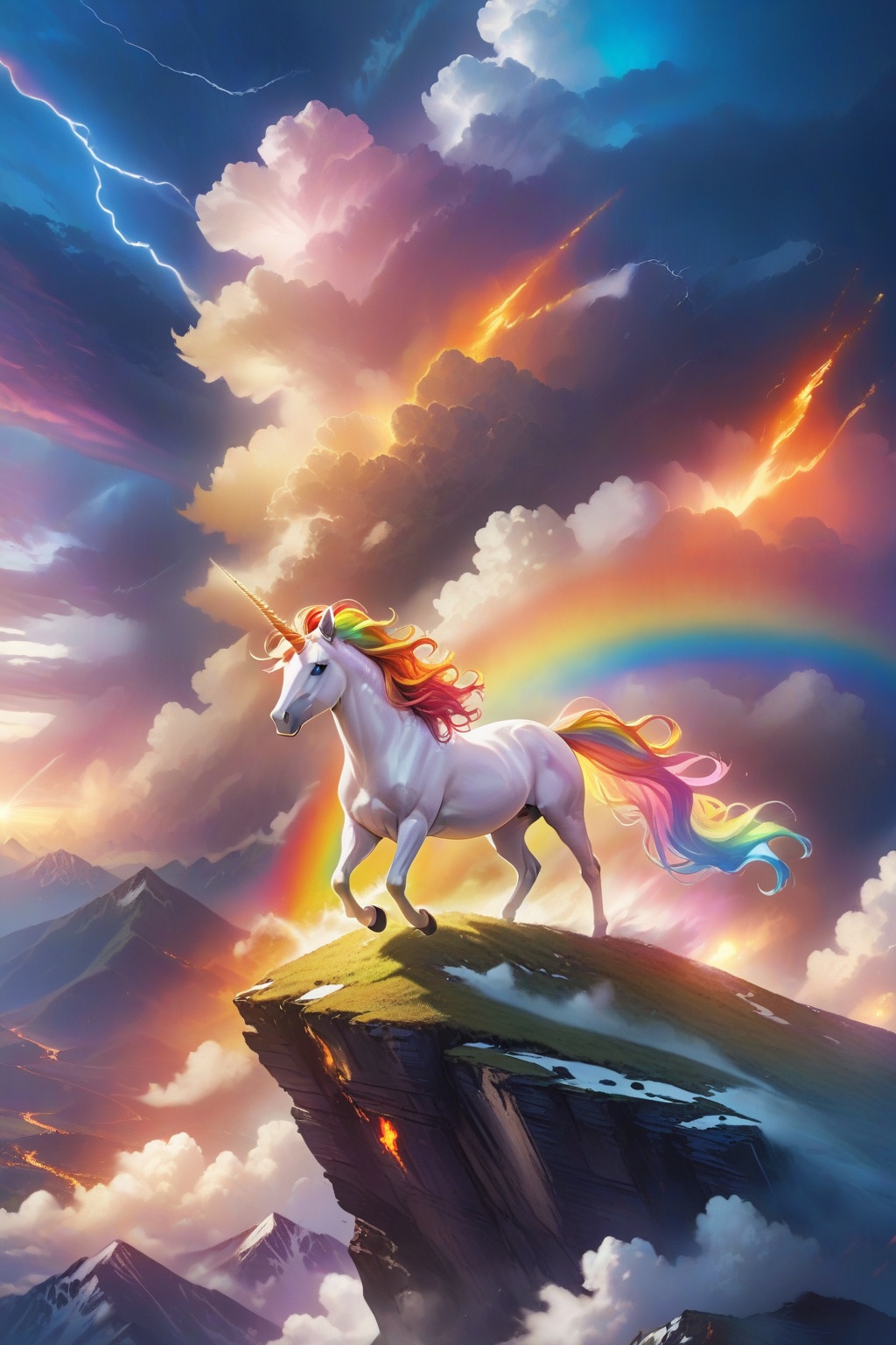 A fierce rainbow unicorn with a fiery mane and glowing eyes,  standing atop a mountain peak as a storm rages in the backgr...