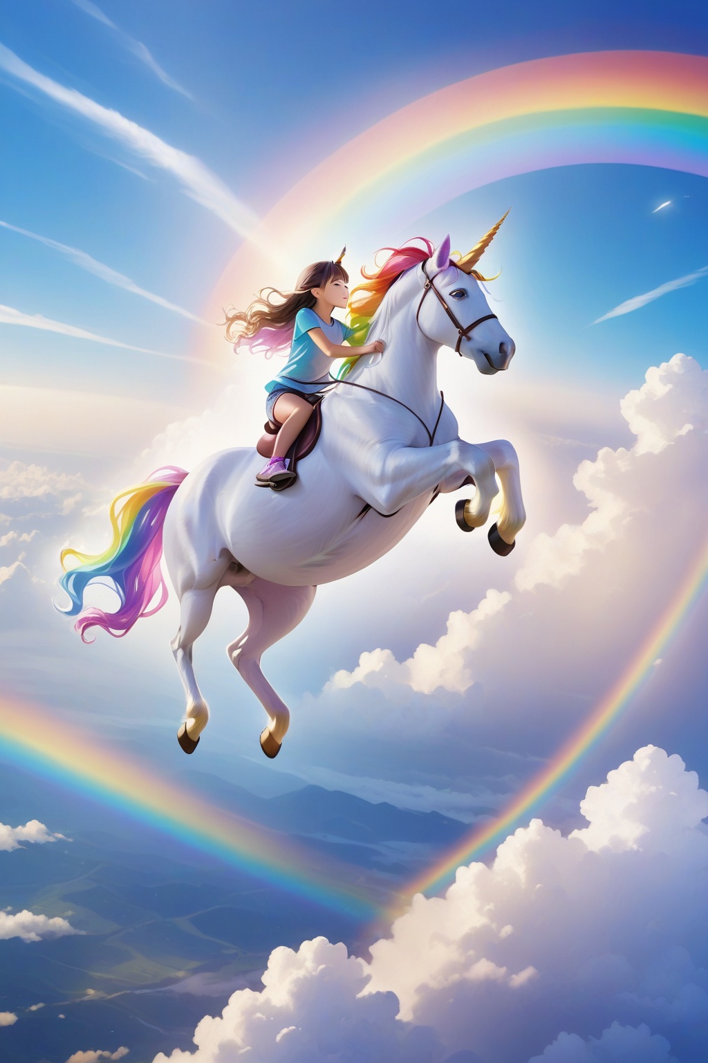 An interesting and visually descriptive prompt of a girl riding a rainbow unicorn,  with the unicorn's horn glowing with a...