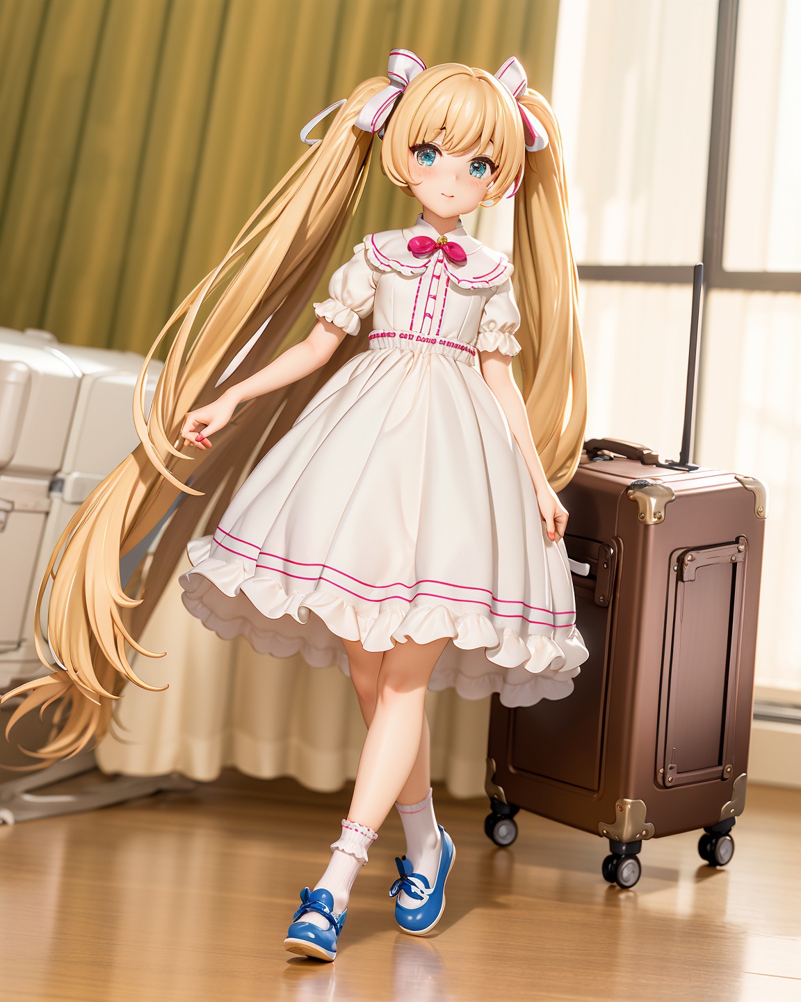 Best quality,masterpiece+PVC,3D,1girl,solo,long hair,twintails,dress,blonde hair,flower,suitcase,shoes,very long hair,socks,white dress,ribbon,frills,blurry,mary janes,depth of field,white socks,looking at viewer,standing,hair ribbon,