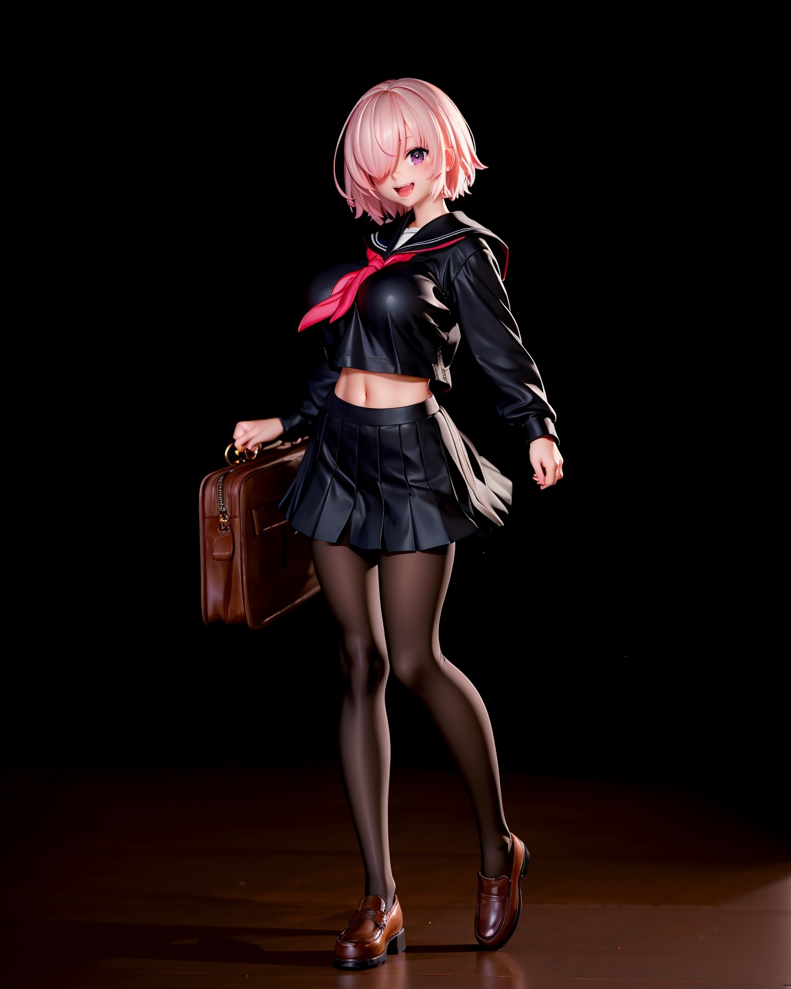 1girl, mash kyrielight, fou \(fate\), pantyhose, school uniform, purple eyes, skirt, short hair, hair over one eye, serafuku, black serafuku, bag, breasts, smile, alternate costume, navel, looking at viewer, full body, open mouth, loafers, shoes, large breasts, midriff, pink hair, school bag, black skirt, solo, simple background