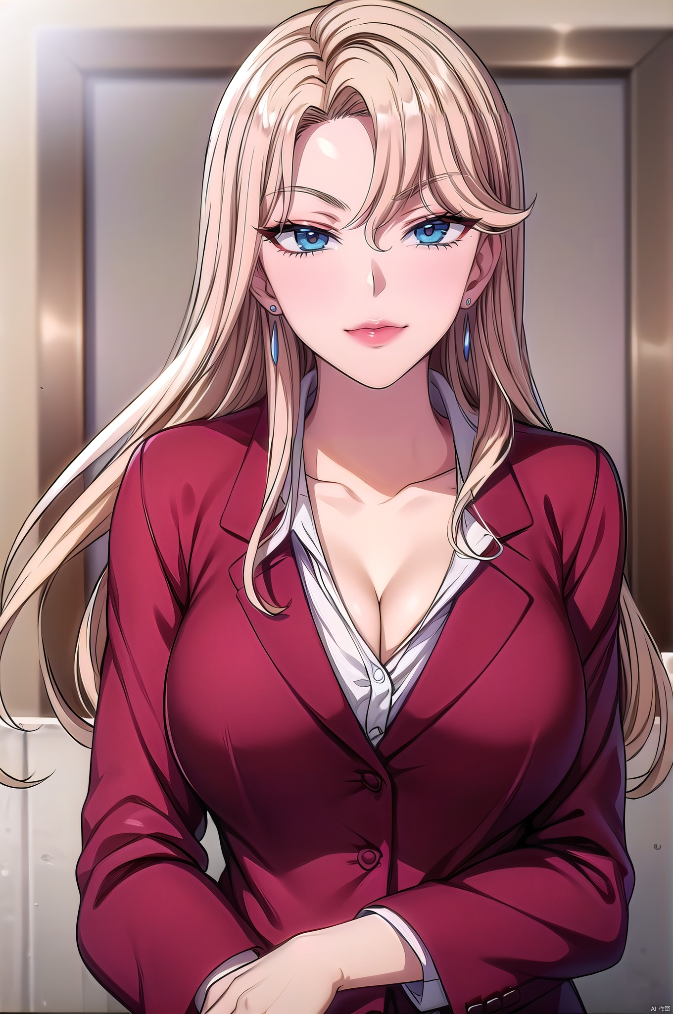 Reika, 1girl, breasts, solo, jewelry, earrings, cleavage, long hair,  blonde hair, blue eyes, large breasts, looking at viewer, formal, jacket, suit, shirt, upper body, indoors, collarbone, white shirt, bangs, red jacket,nice hands,cowboy_shot,(highres, high quality:1.3),intricate details,sharp focus,depth of field, looking at viewer, Reika